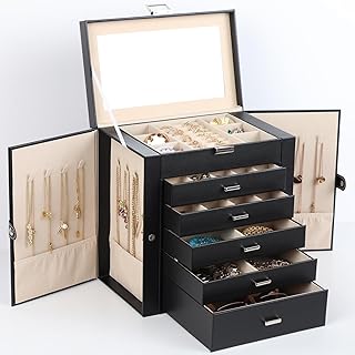 BOOVO BOOVO Jewelry Box For women, 6 Layer Large Jewelry Organizer With Mirror, Multi-Function Storage Box With Lock, Necklace Holder With 5 Drawers, For Earrings Necklace Bracelet (Silver and Black)