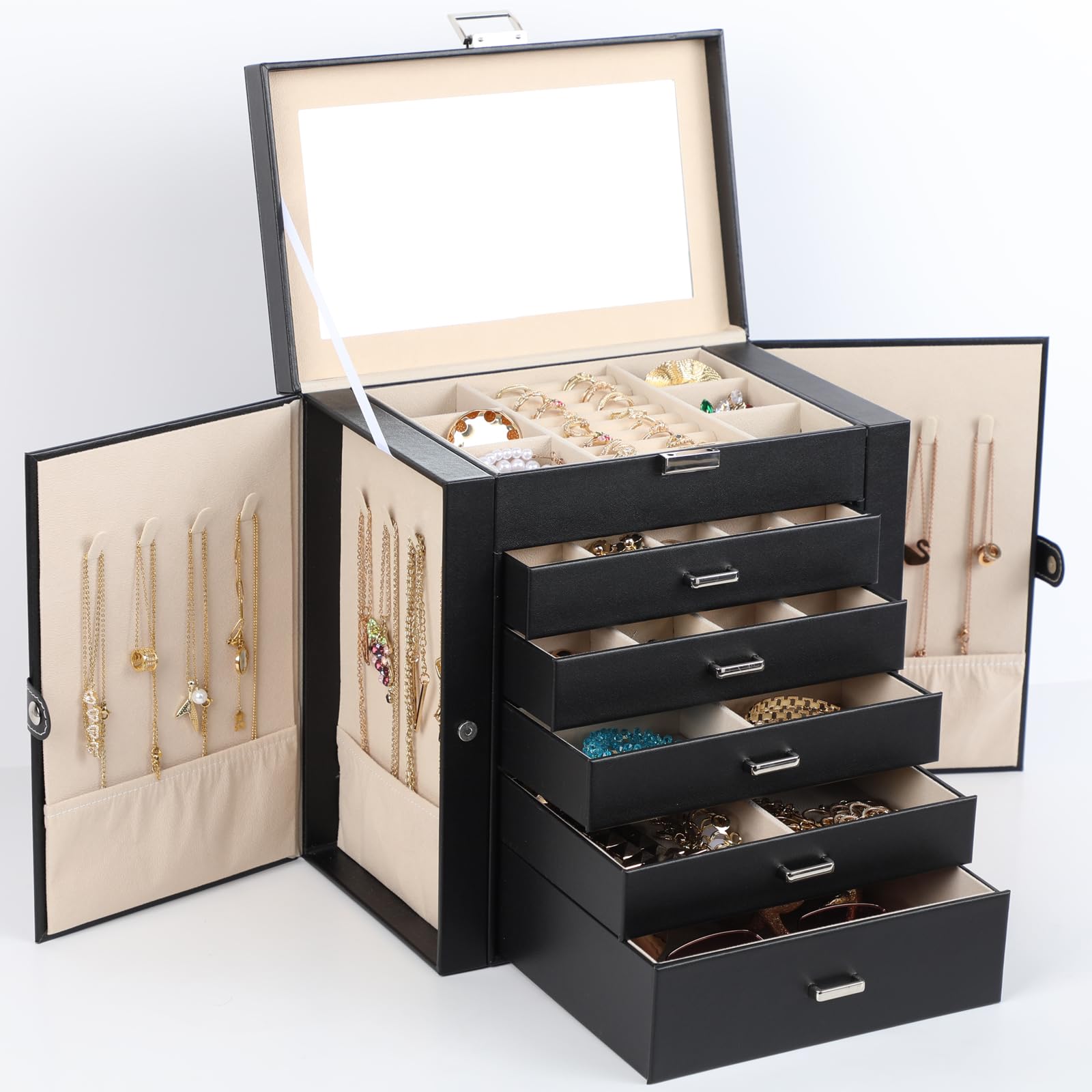 BOOVO Jewelry Box For women 6 Layer Large Jewelry Organizer With Mirror Multi-Function Storage Box With Lock Necklace