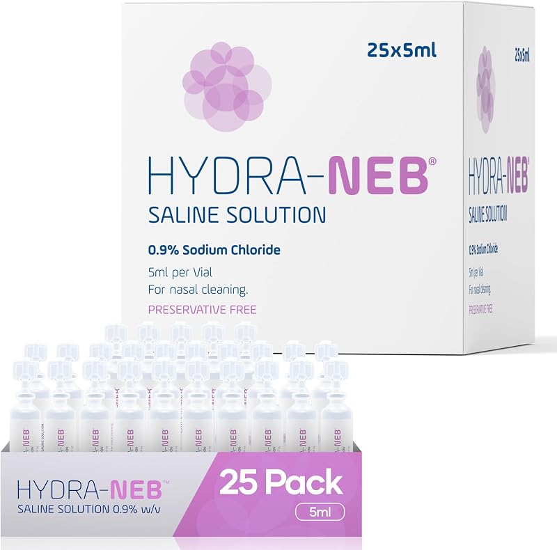 Solución salina estéril de cloruro de sodio al 0,9%, sin conservantes, irrigación nasal, hidratación de las vías respiratorias, enjuague sinusal, limpieza de la nariz, para todas las edades - 25 x 5 ml