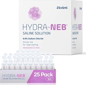 0.9% Sterile Saline Sodium Chloride Solution, Preservative Free, Nasal Irrigation, Moisturizing of The Airways, Sinus Rinse, Nose Cleanse, All Ages - 25 x 5ml