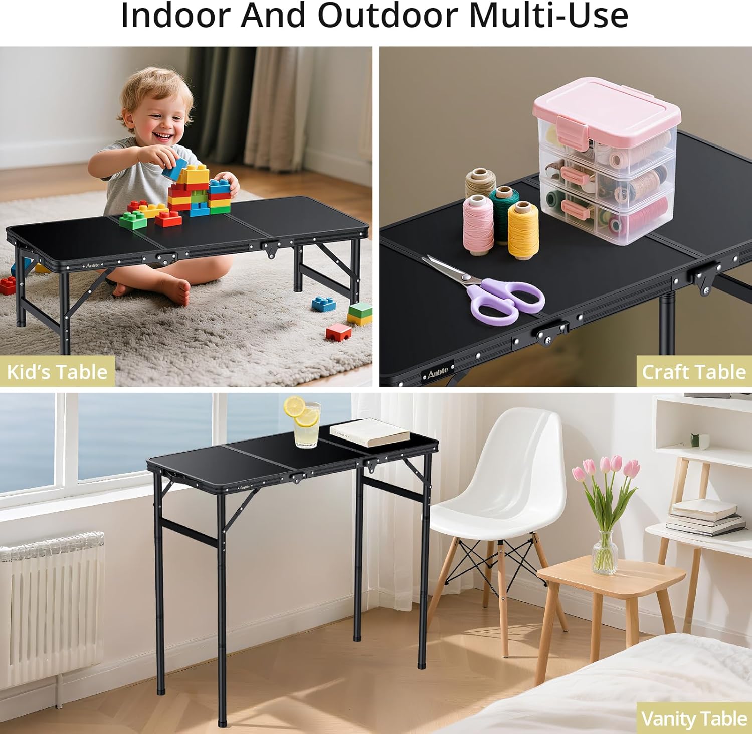 Anbte 3ft Tri-fold Camping Table Max 29.5", 3 Adjustable Heights Aluminum Folding Camping Table with Storage Bag, Lightweight, Portable Handle for Travel Outdoor Beach Picnic, 35" x 16", Black