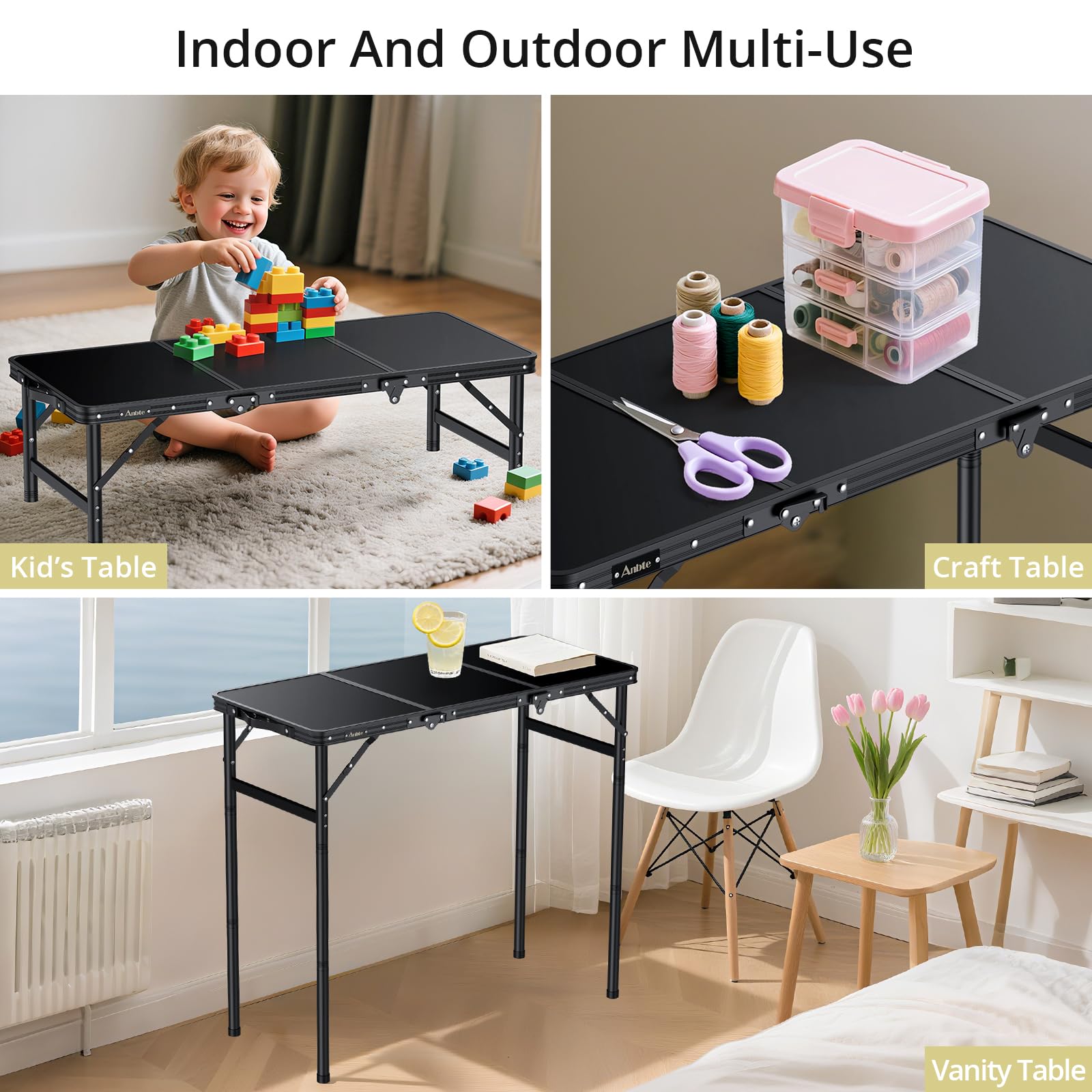 Anbte Table de Camping Pliante 90 x 40 cm avec 3 Hauteurs Réglables Jusqu’à 74,7 cm, Table d’Appoint Stable en Aluminium avec Plateau MDF, Charge 30 kg, Portable pour Camping, Pique-Nique et Jardin