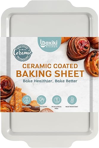 Miniatura 10 de Boxiki Kitchen Bandeja de cerámica antiadherente para hornear, revestimiento de cerámica suave y no tóxico, sartén para galletas sin PTFE ni PFOA,