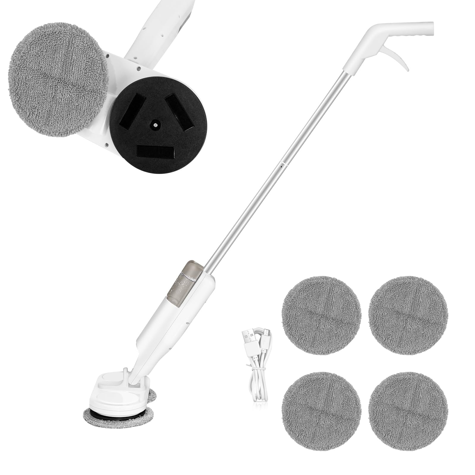 Mocio elettrico senza fili, ricaricabile, con serbatoio dell'acqua da 200 ml, pulitore a secco con 4 panni in microfibra, silenzioso, 35 dB, per pavimenti, pareti, finestre