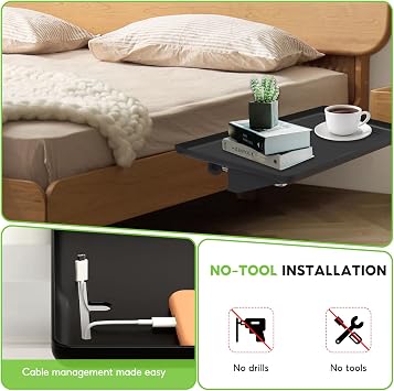 Clip-On Bedside Shelf for Bunk Beds, Black Space-Saving Nightstand Tray with Cable Holes, Bed Storage Organiser for Dorm, Kids Bed, Bed Frame