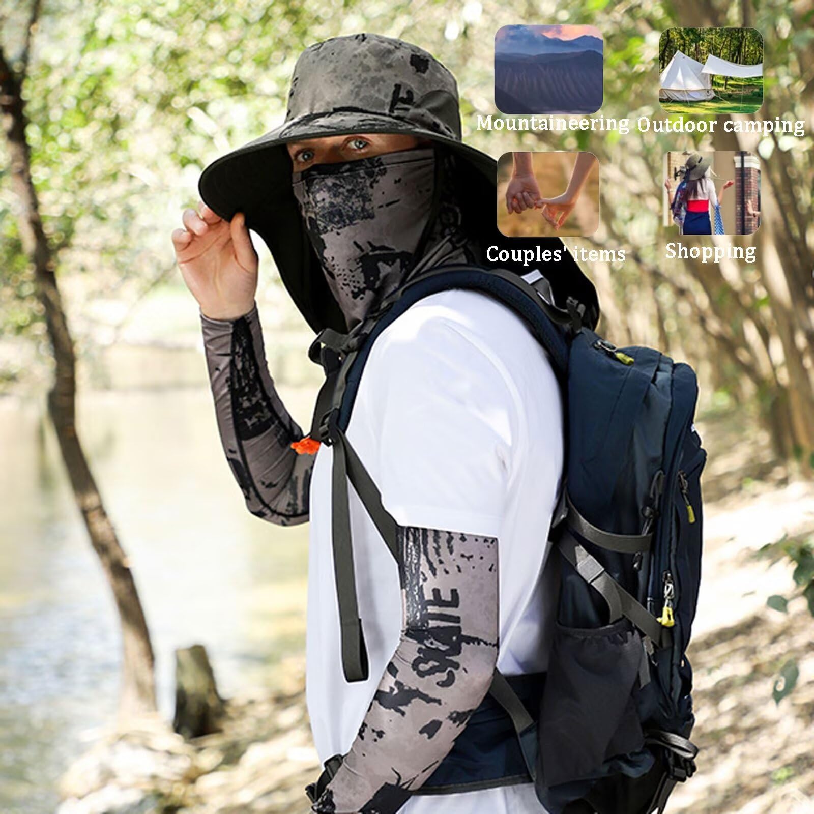 Sun Bucket Hats for Women Men Wide Brim Fishing Hat with Face Cover & Neck Flap UPF 50+ Summer UV Protection Hat with Arm Sleeves for Outdoor Camping - Military Green