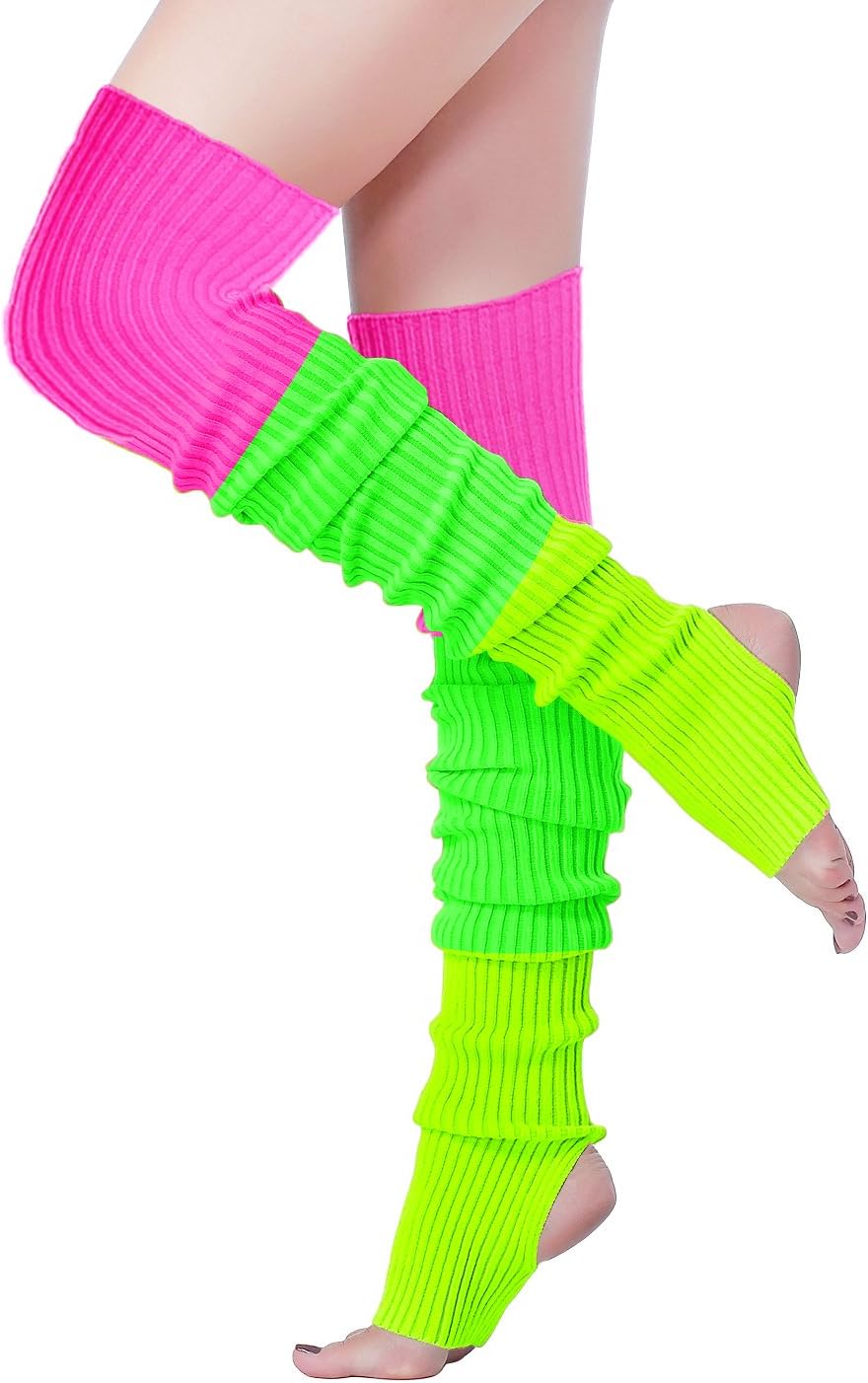 Women Girls Thigh High Neon Ribbed Long 80s 90s Party