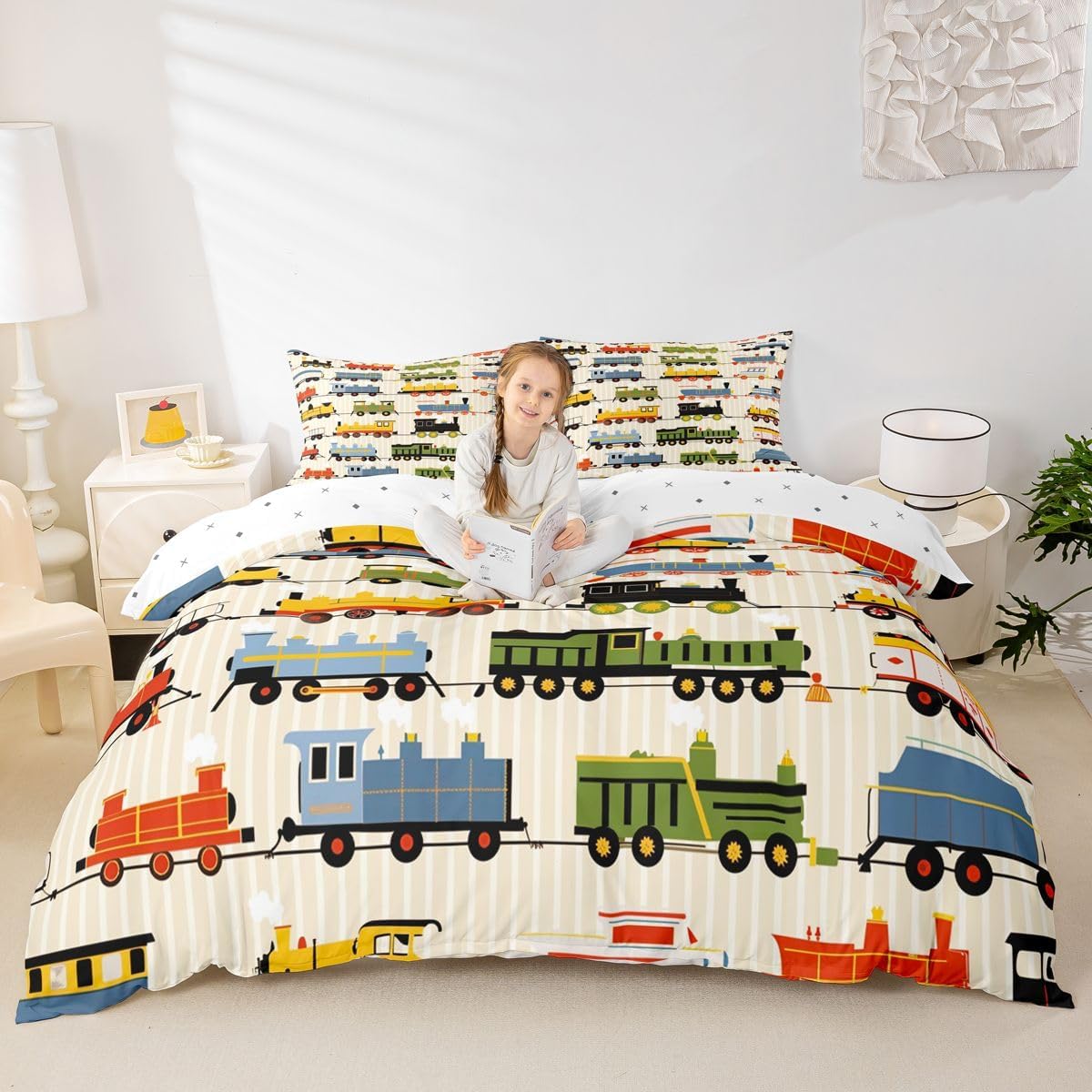 Erosebridal Kids Train Duvet Cover - Toddler Size for Boys & Girls - Colorful Steam Engine Bedding Sets - Cartoon Train Transportation Locomotive Train Bed Cover with 1 Pillowcase, Beige