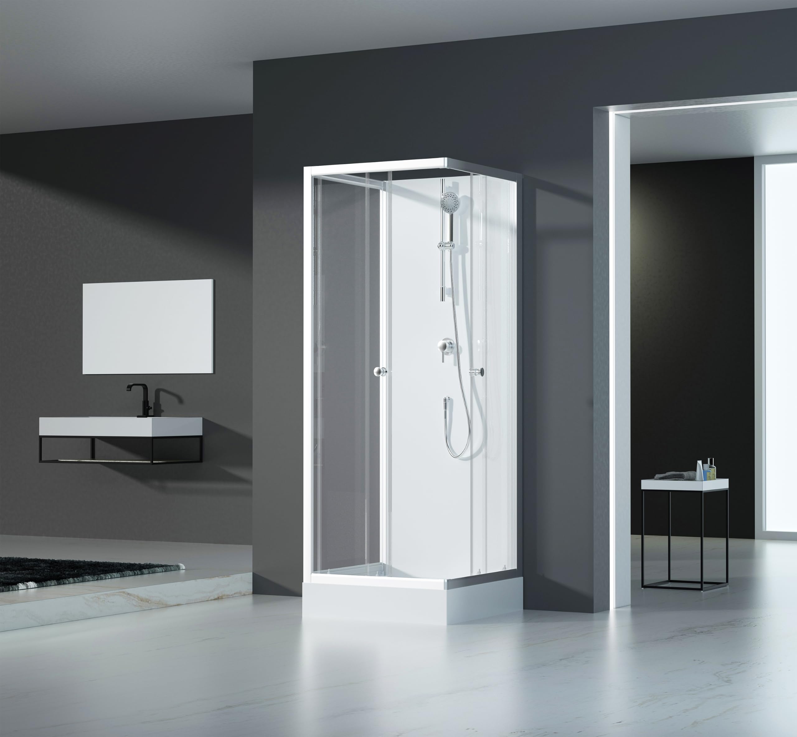 MARWELL White Dream - Ducha completa (80 x 80 x 200 cm, incluye plato de ducha y grifo, montaje reversible, sistema de perfil de aluminio de alta calidad)