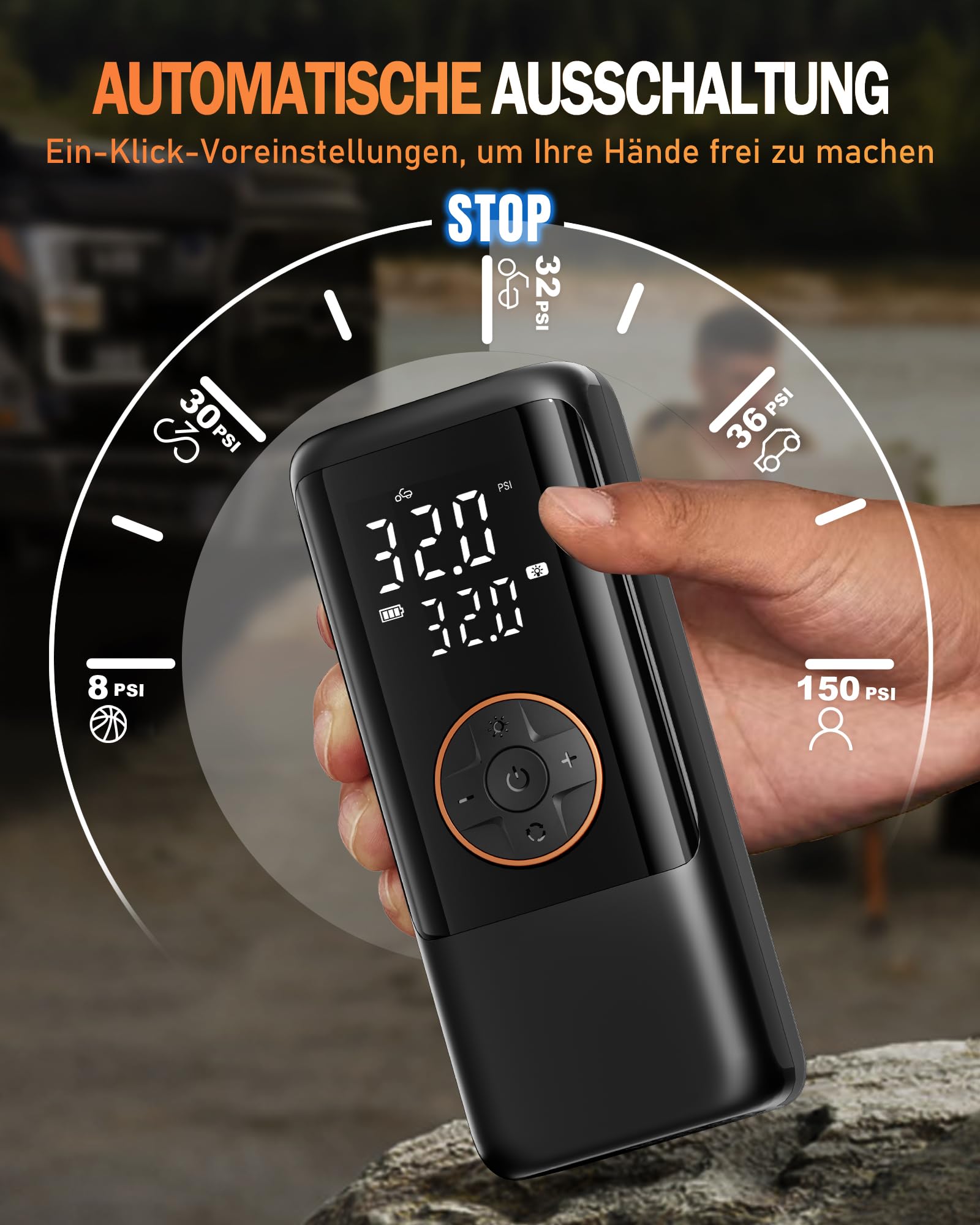 Elektrische Luftpump mit Akku, Tragbar Mini Kompressor mit Manometer & Doppelt-LED-Anzeige, 12V DC Elektrische Fahrradpumpe für Autos, Motorräder, Fahrräder und Bälle