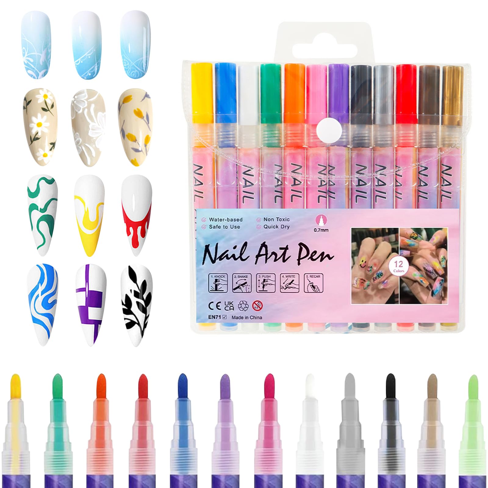 12 Penne Smalto per Unghie Nail Art, 0,7 mm Penna Nail Art per Unghie, Colori Intensi per DIY Manicure, Disegno Preciso e Asciugatura Rapida