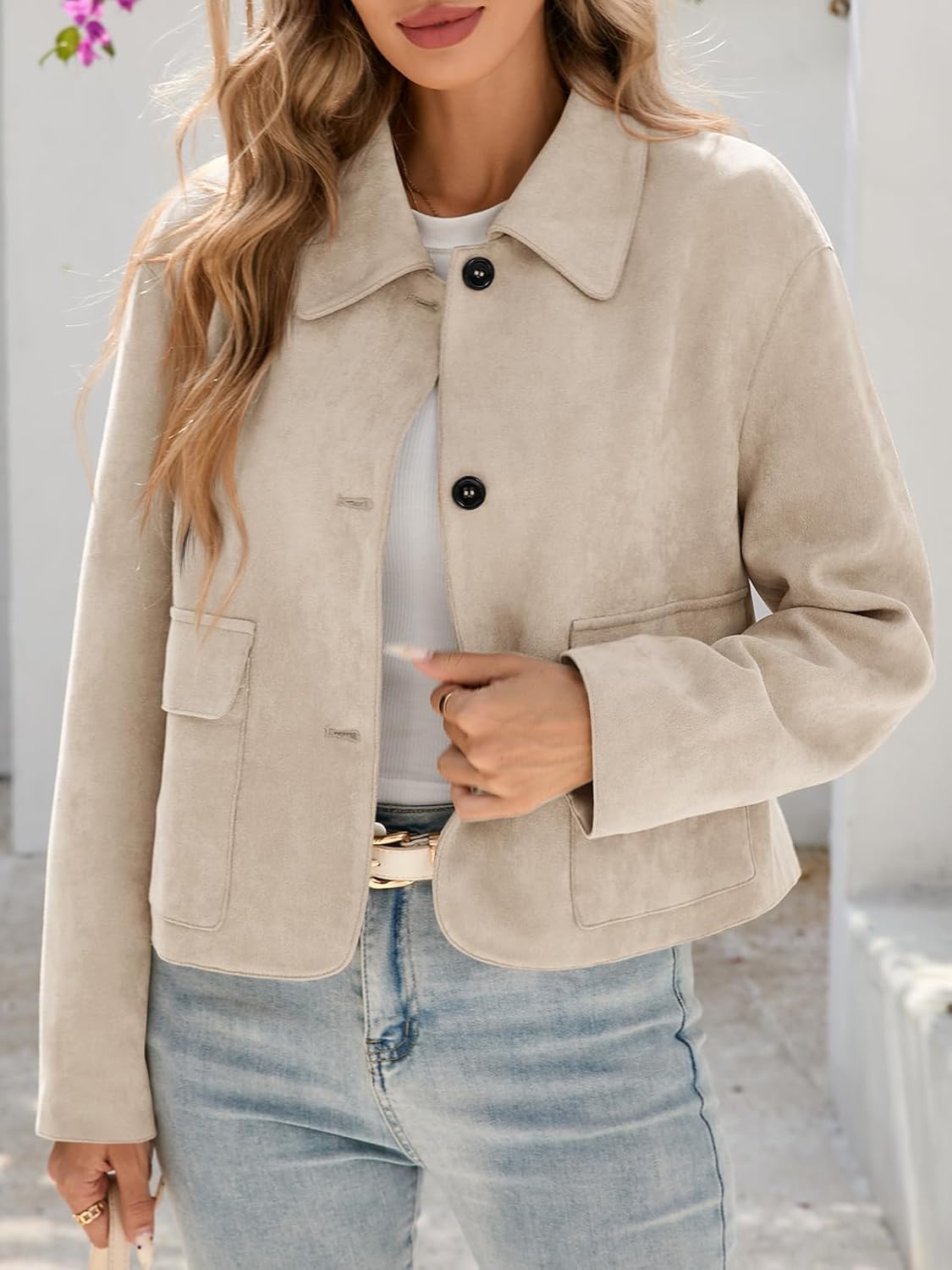 Tankaneo Womens Faux Suede Leather Jackets Casual Cropped Coats Vintage Button Down Shackets - Image 4