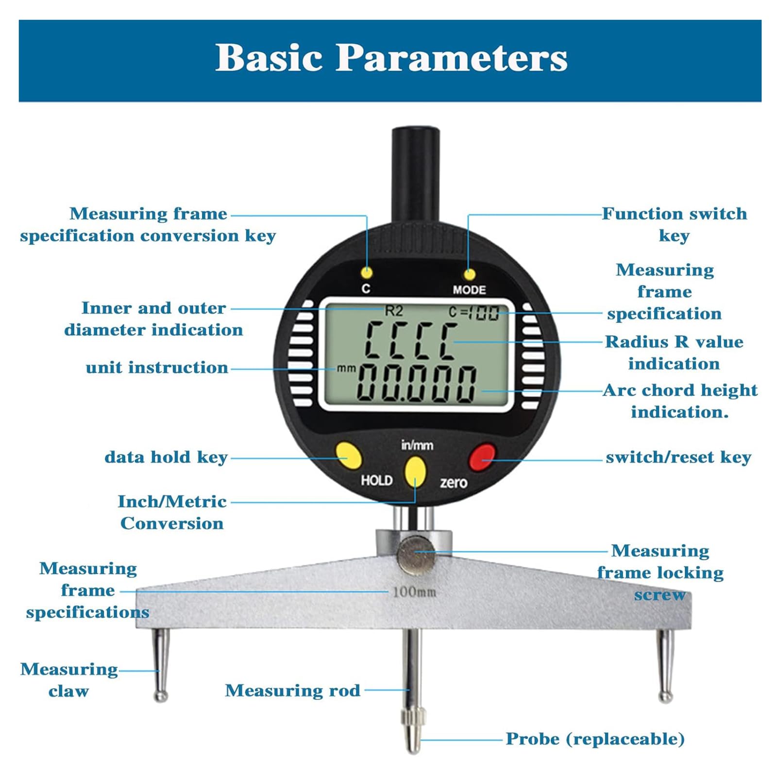 Digitales Radius-Messgerät, hohe Genauigkeit, elektronisches Radius-Messwerkzeug mit 5 austauschbaren Backen, Radiusbereich 5–700 mm für präzisionsmechanische Teile