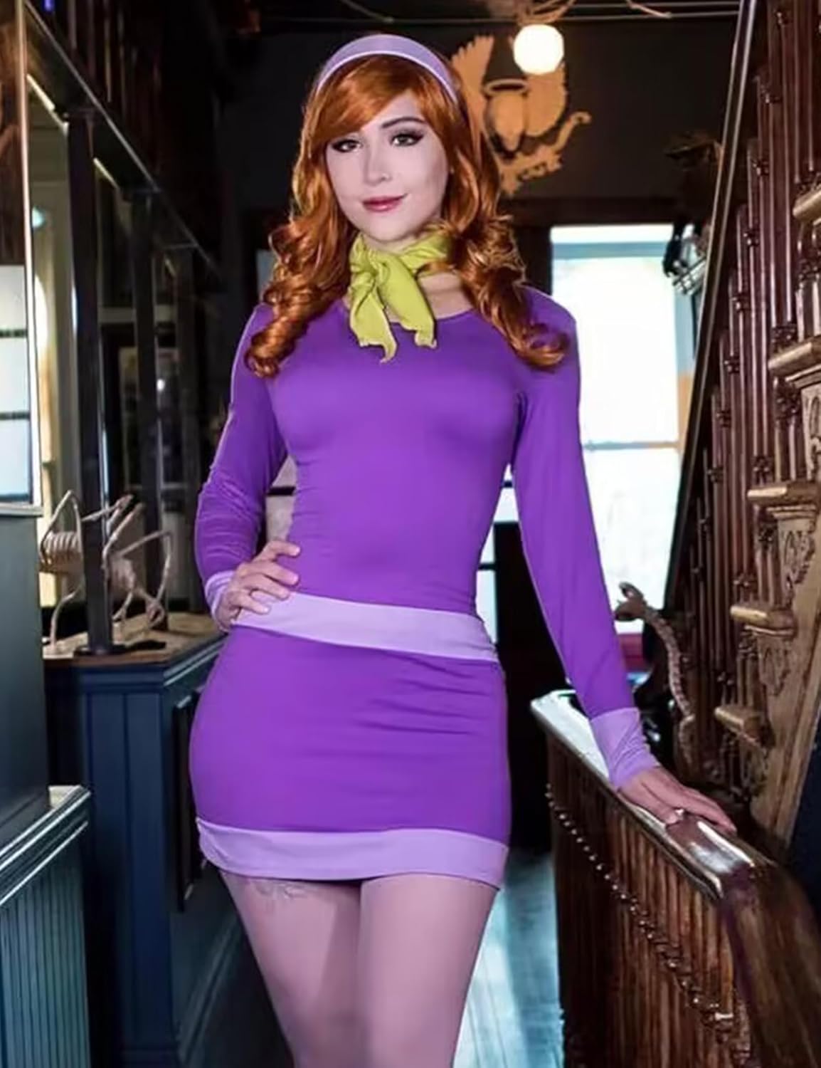 Women Costume Long Sleeve Purple Mini Dress with Scarf Headband Socks for Halloween Party - Image 6