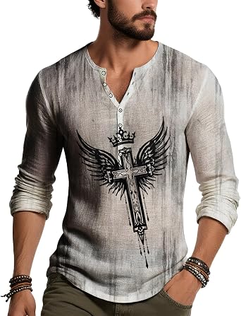 Gothic Cross Henley Shirts for Men, Vintage Long Sleeve Casual Streetwear Rock Retro Men Spring Summer Fashion Tops