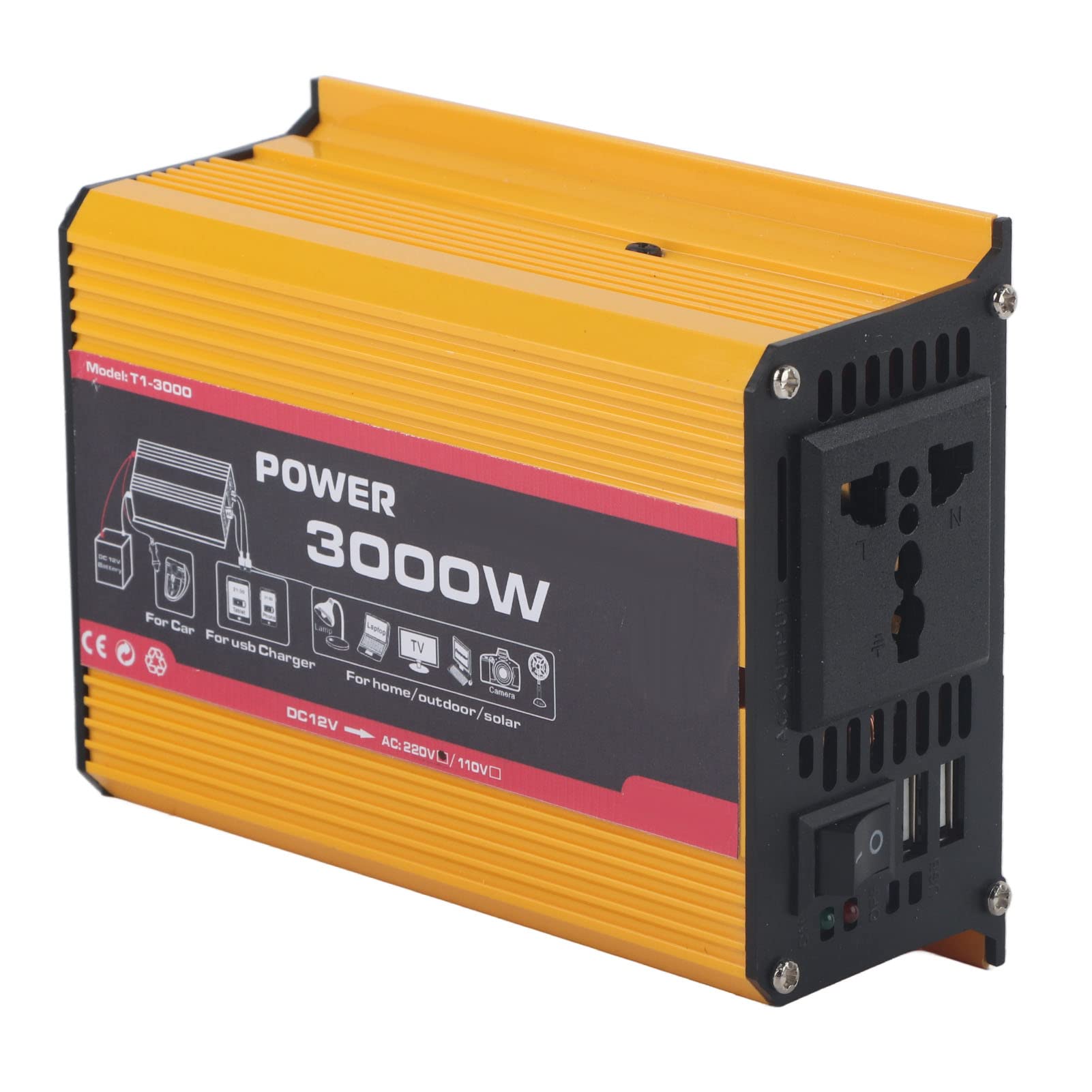 Inversor de Coche 3000W, Inversor de Coche 3000W Convertidor de Potencia Automático USB Dual Transformador de Onda Sinusoidal Modificada (DC12V AC110V) (DC12V-AC220V)