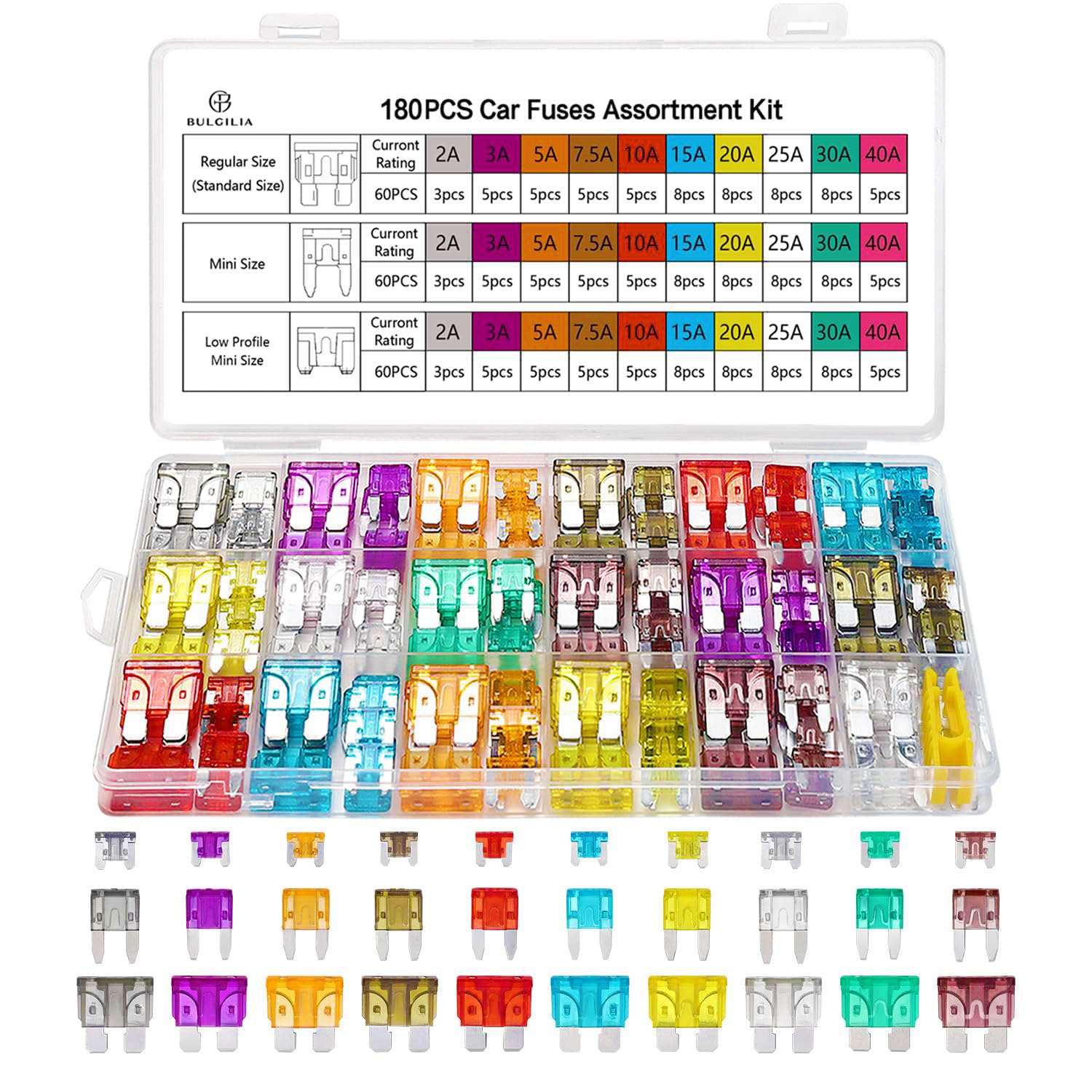 180Pcs Car Fuses Assortment Kit, Blade Automotive Fuses, Standard & Mini & Low Profile Mini Size (2A 3A 5A 7.5A 10A 15A 20A 25A 30A 40A), Replacement Fuses for Auto RV Truck Motorcycle Boat