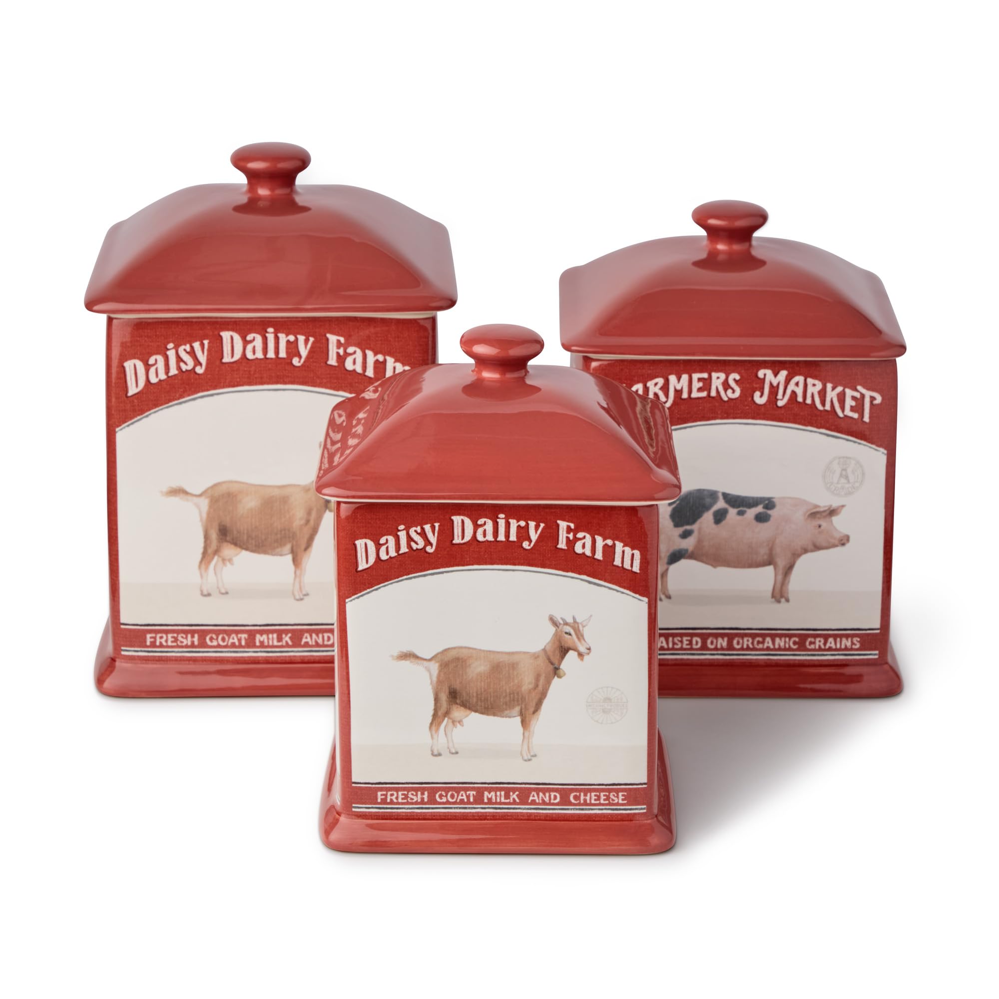 Quadratisches Behälter-Set im Vintage-Stil, 3-teilig, inklusive 1,5 l, 2,5 l und 2,5 l Größen, Bauernmarkt-Design mit Bauernhoftieren, langlebige Keramik, rustikale Bauernhaus-Küchenaufbewahrung für