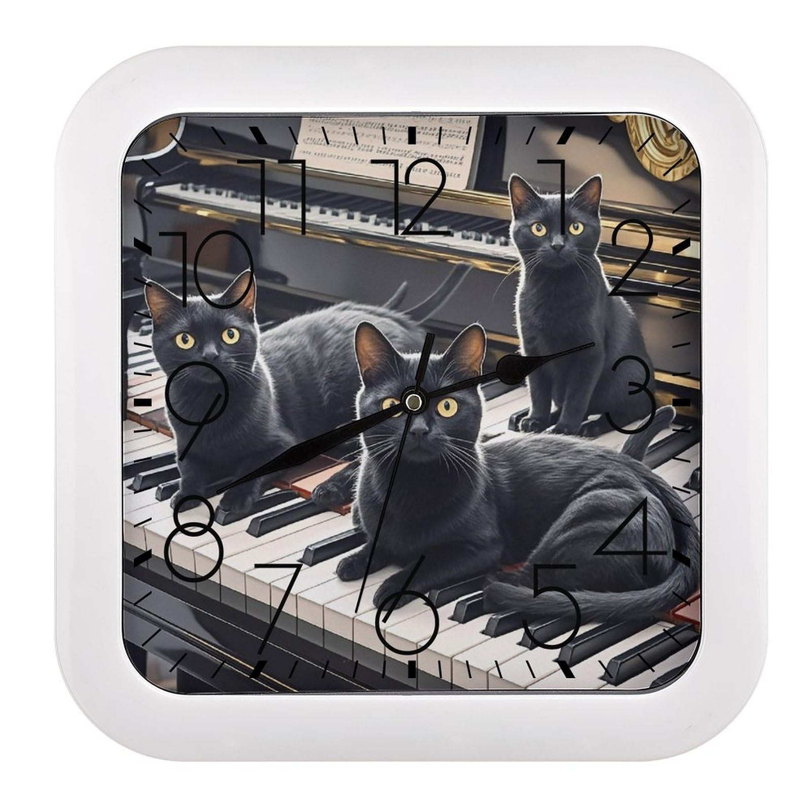 LZQPOEAS Black Cats Lying on The Piano Keyboard Wall Clock Fashionable Versatile Silent Wall Clock Simple Elegant Non Ticking Analog Clocks Easy to Install Square Modern Clocks for Home Decoration