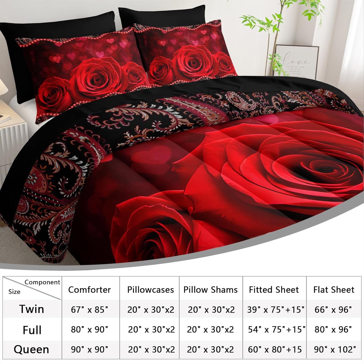AILONEN 3D Oil Painting Red Rose Comforter Set for Girls Women Queen Size,7-Piece Rose Flower of Love Pattern Bed in a Bag,Comforter & Fitted Sheet with Flat Sheet & 2 Pillowcases,2 Pillow Cases