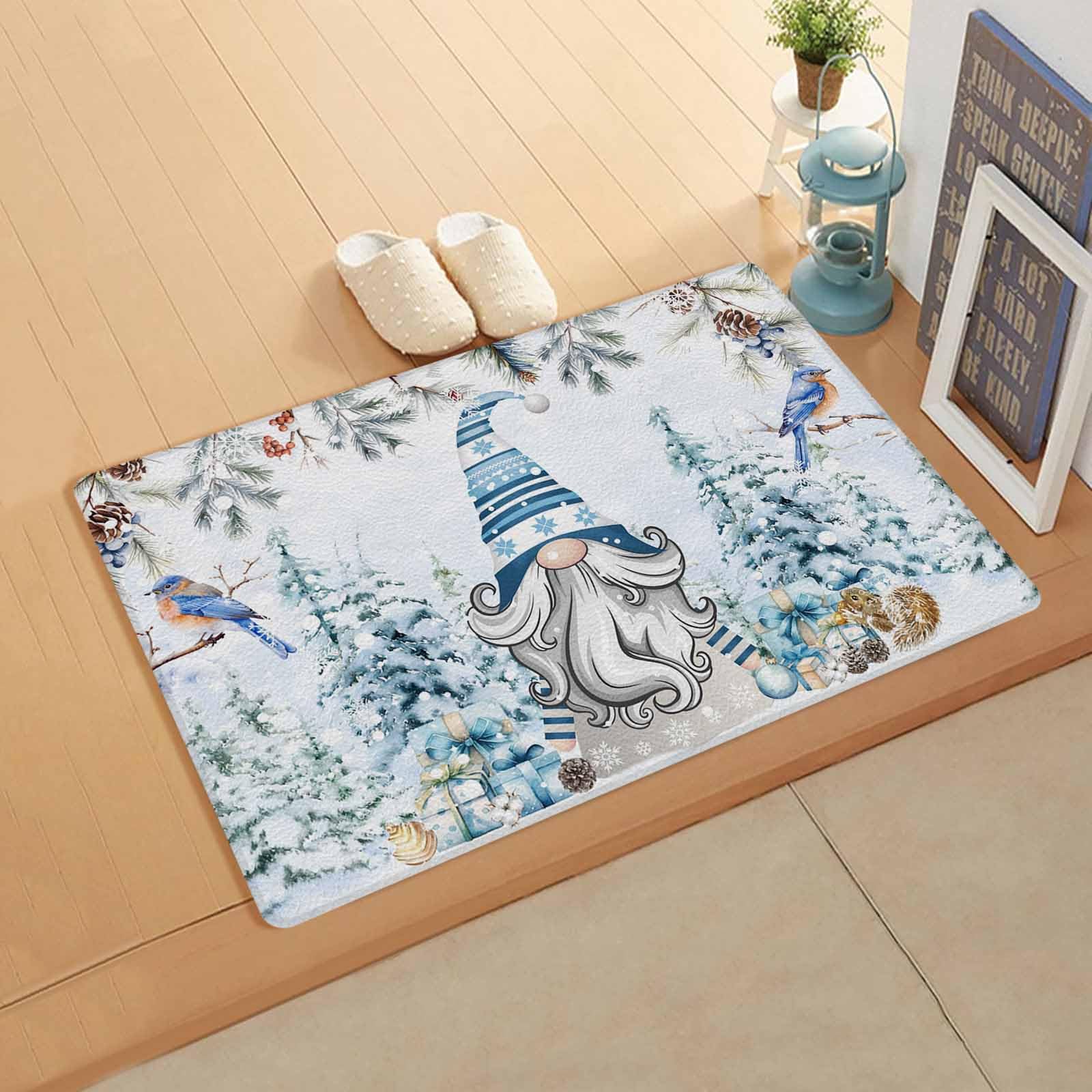 Christmas Gnomes Blue Kitchen Bath Door Mat Cushioned Runner Rug,Washable Welcome Floor Sink Antifatigue Mat,Waterproof & Non-Slip Comfort Standing Doormat,Winter Berries Pinecones Bird Truck 18