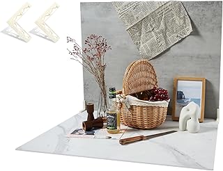 BEIYANG 2 PCS 24x32 Inch Boards Photo Backdrop for Flat Lay, Food Table Top Photography Background, (Marble+Light Gray)