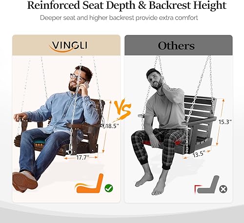 Miniatura 2 de VINGLI Columpio de madera resistente para porche de patio para 1 persona, de 440 libras, con asiento más profundo, respaldo más alto y portavasos