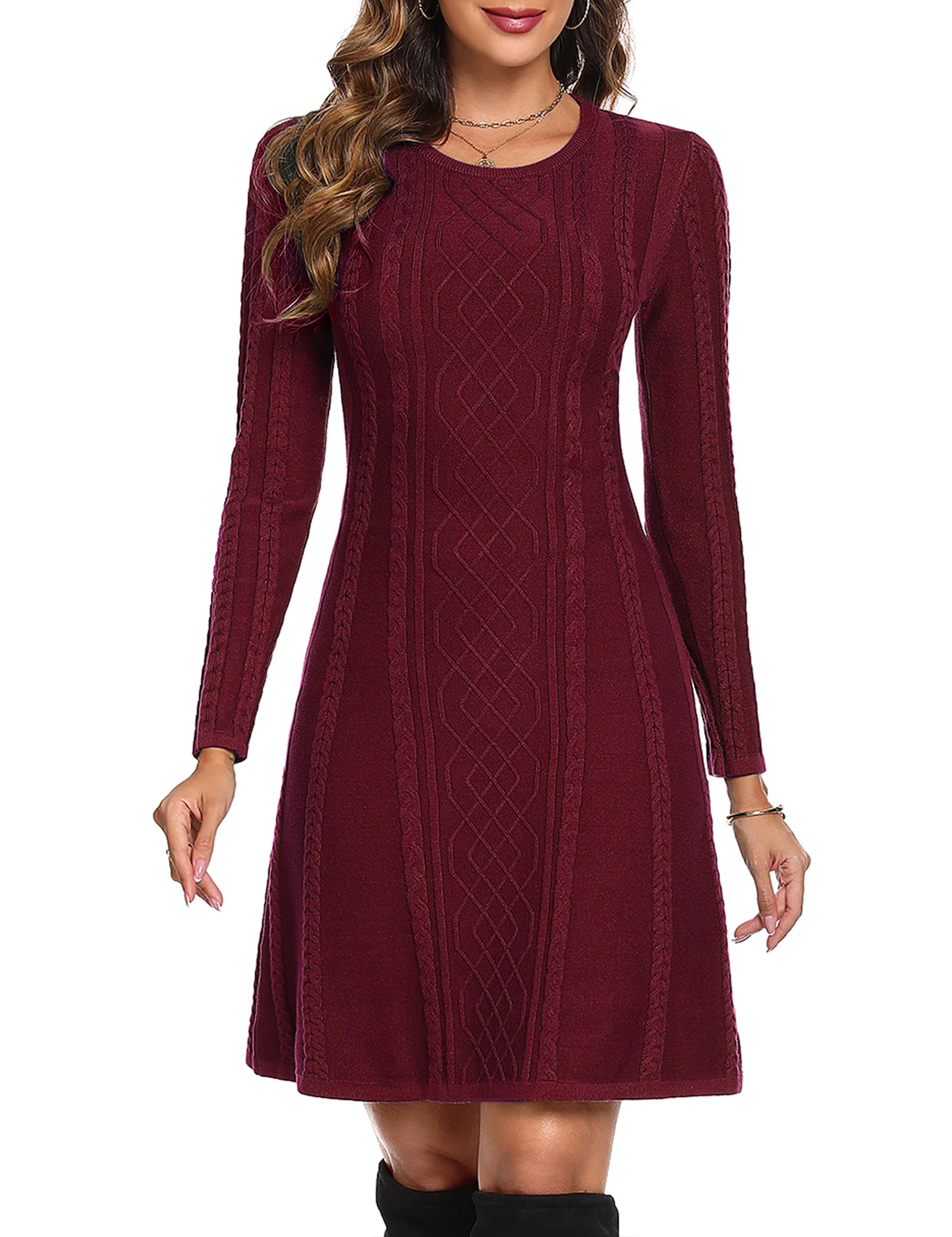 Aottori Women's Winter Long Sleeve Knitted Sweater Dress - Ladies Round Neck Bodycon Tunic Jumper - Casual UK Style - Wine Red S