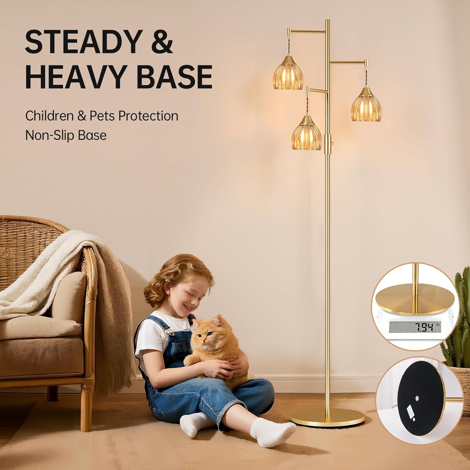 Stepless Dimming Floor Lamps for Living Room, Bedroom, Gold Standing Lamp with 3pcs 6W Bulbs, Vintage Brass Floor Lamp for Corner, Nursery (Amber Tulip)