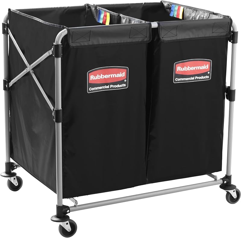 Rubbermaid Commercial Products Collapsible X Cart, Black Multistream, Steel Industrial Laundry/Trash Cart with Wheels for Hotels/Hospitals/Nursing Homes/Offices