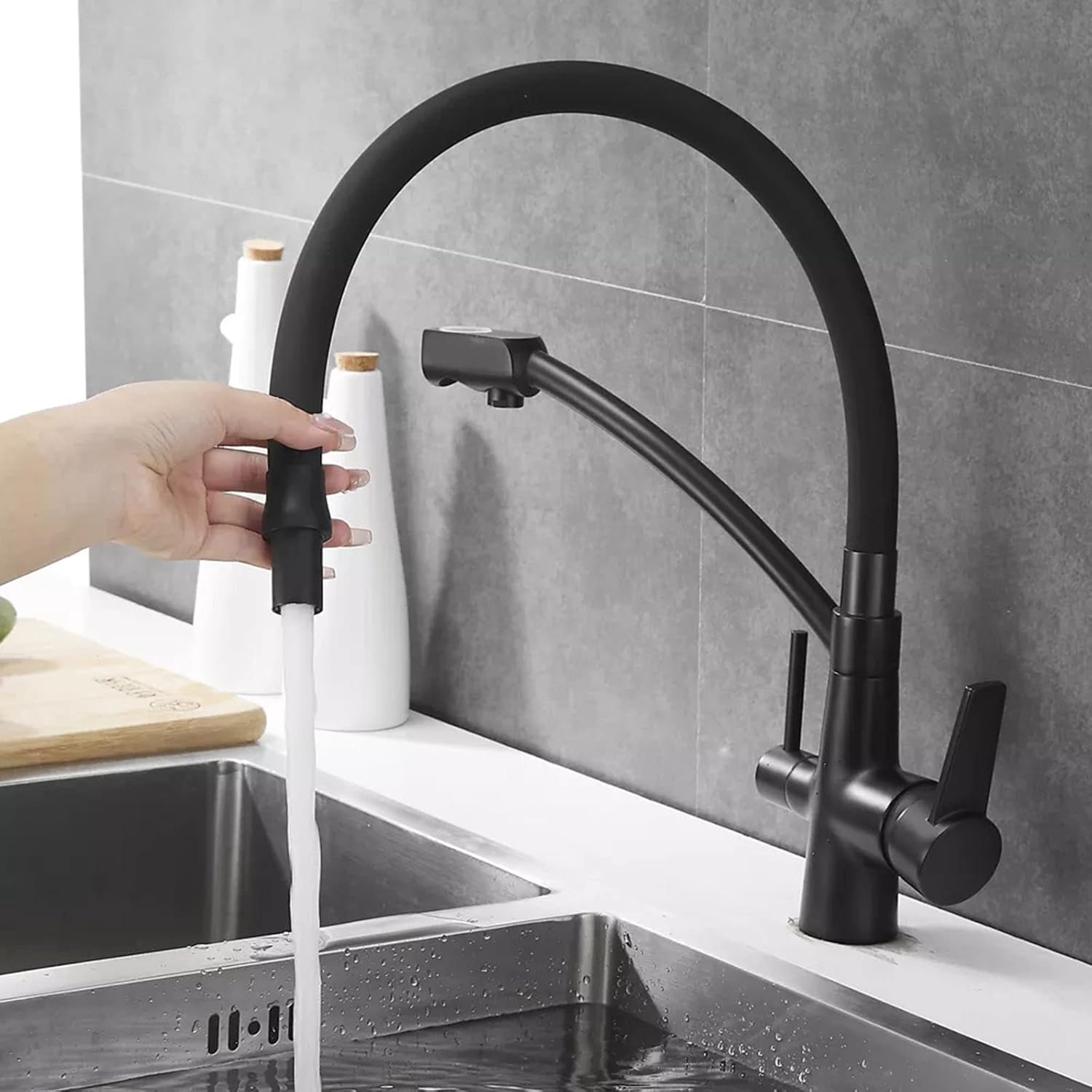 Pull Out Kitchen Faucet with Drinking Water Brass 360 Degree Swivel Mixer Taps for Cold and Hot, 3-In-1High Arc Sink with 2 Handles,Black(Black)