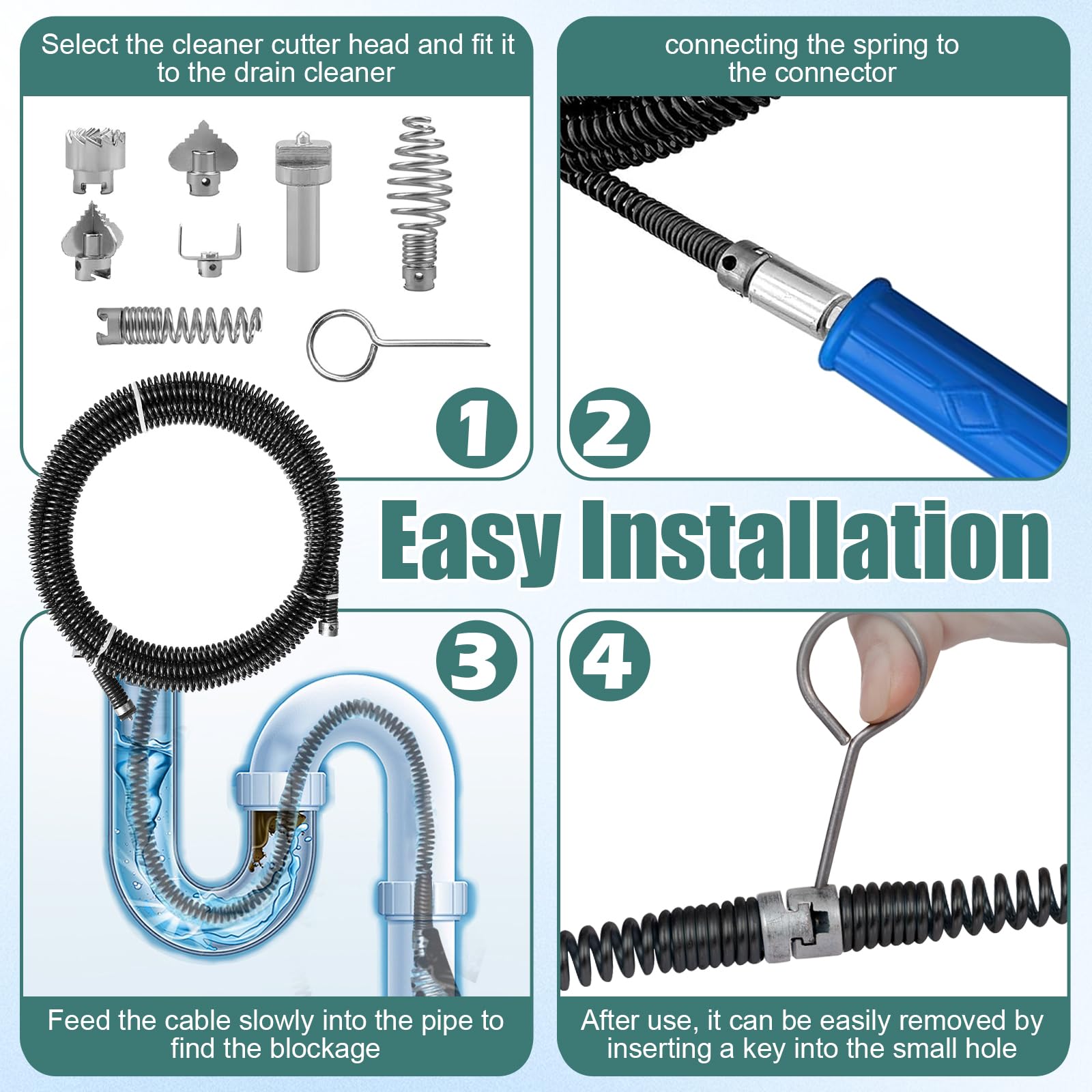 Abflussschlangenreiniger 5 m – 12 mm Spiraldurchmesser mit 6 Abflussreiniger-Schneidköpfen und 1 manuellen Adapter, robustes Spülbeckenentferner-Werkzeug für Küche, Badezimmer, Rohre, manuelle