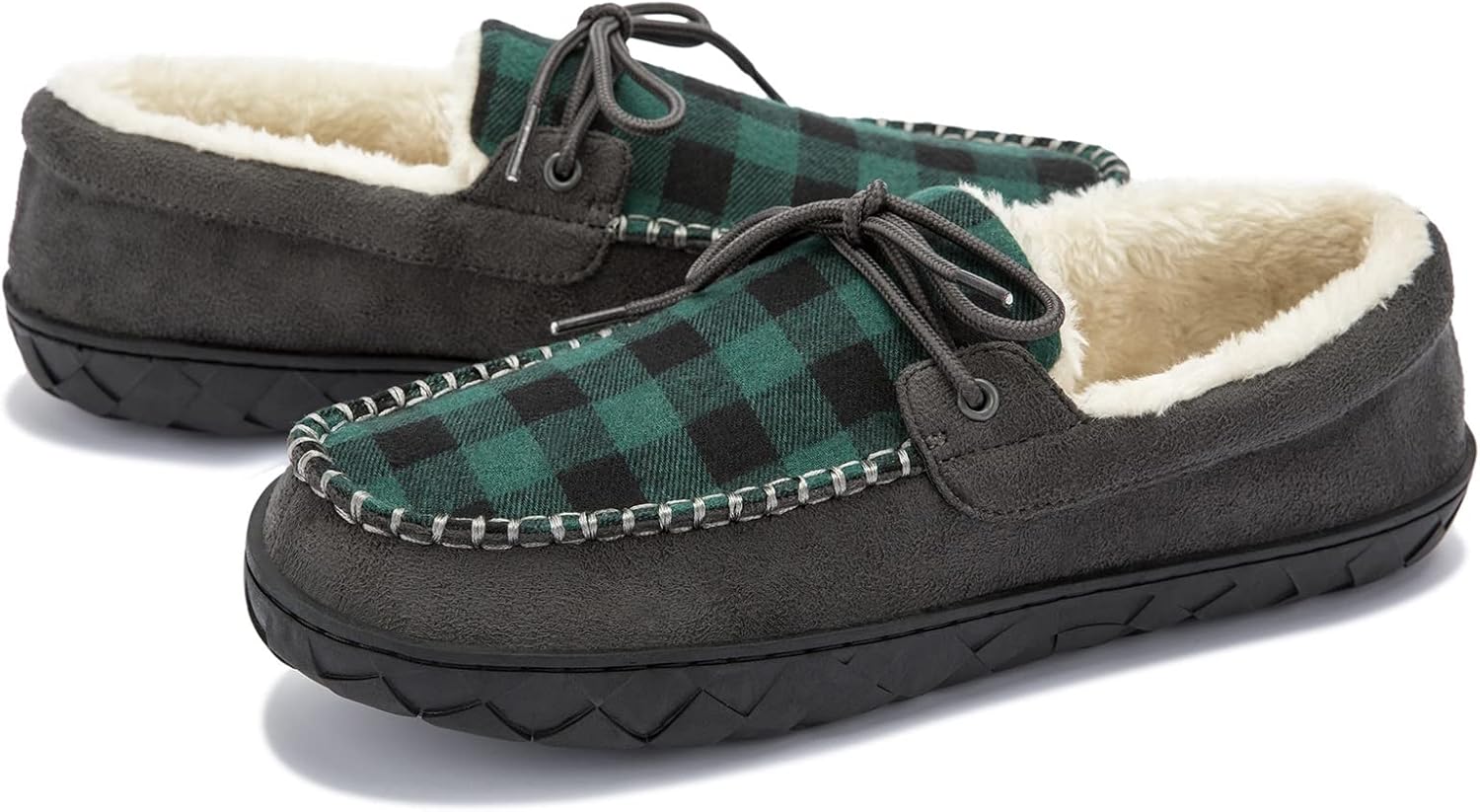 Mens Cozy Fuzzy Plaid Moccasin House Slippers Memory Foam Slip on Indoor Outdoor Green Plaid Size 10.5 - Image 5
