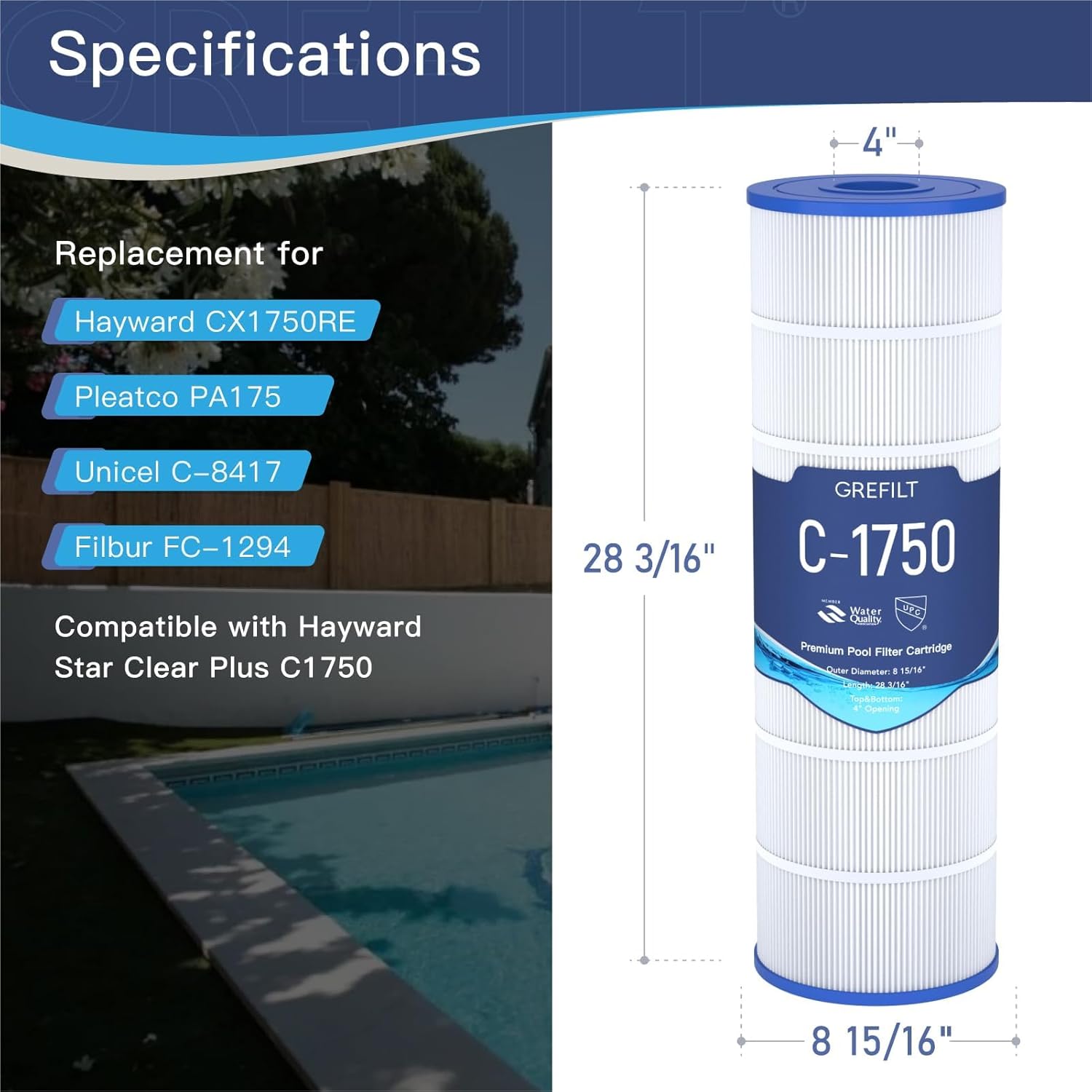 C1750 Pool Filter Cartridge, Compatible with Hayward C1750, CX1750RE, Replacement for Pleatco PA175, Unicel C-8417, Filbur FC-1294, Sta-Rite PXC175, 175 sq.ft, Dimensions: 28 3/16" x 8 15/16" - Image 2