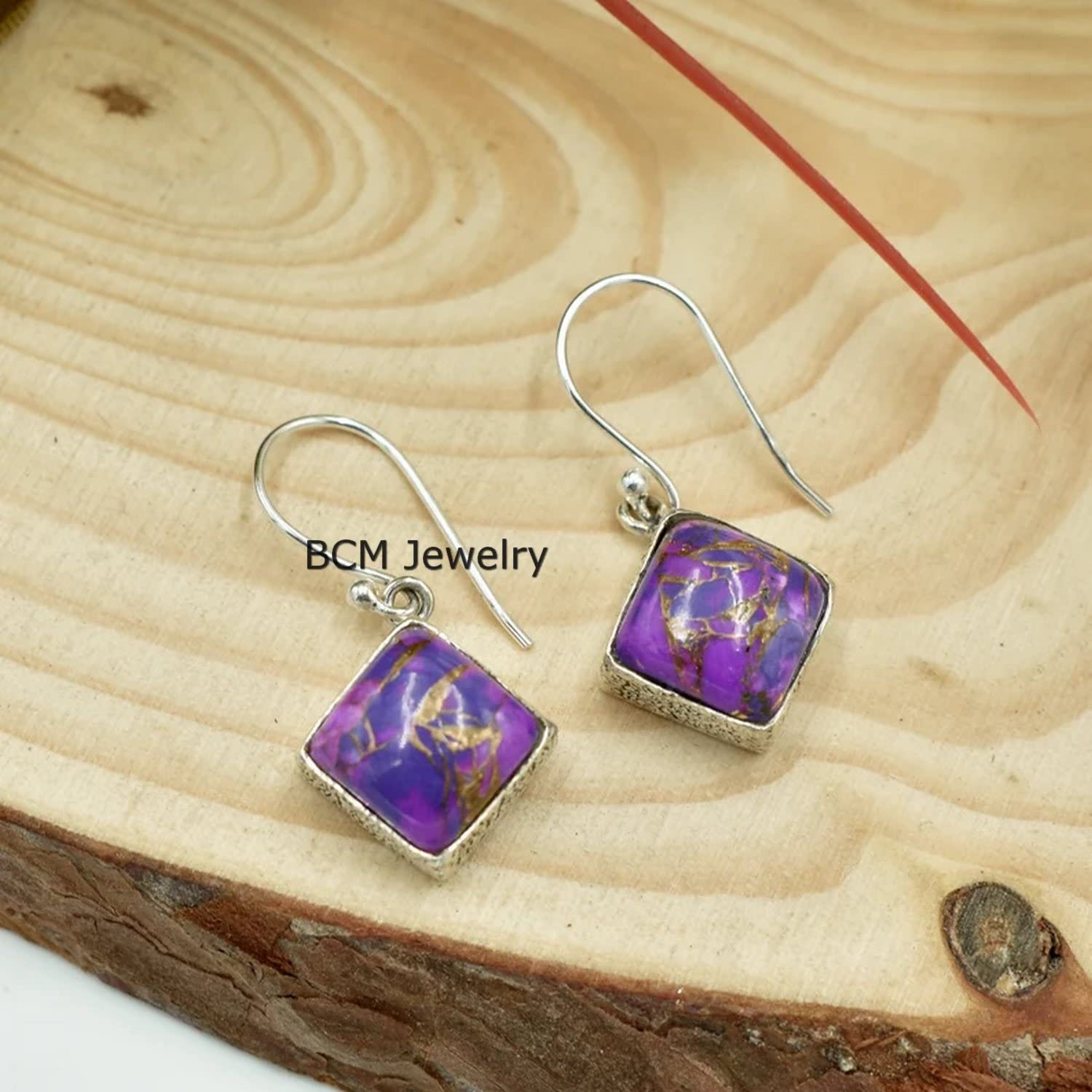 Sólidos pendientes de plata de ley 925 para mujer, pendientes de regalo de dama de honor, turquesa de cobre púrpura, pendientes de piedras preciosas, regalo de Navidad para ella