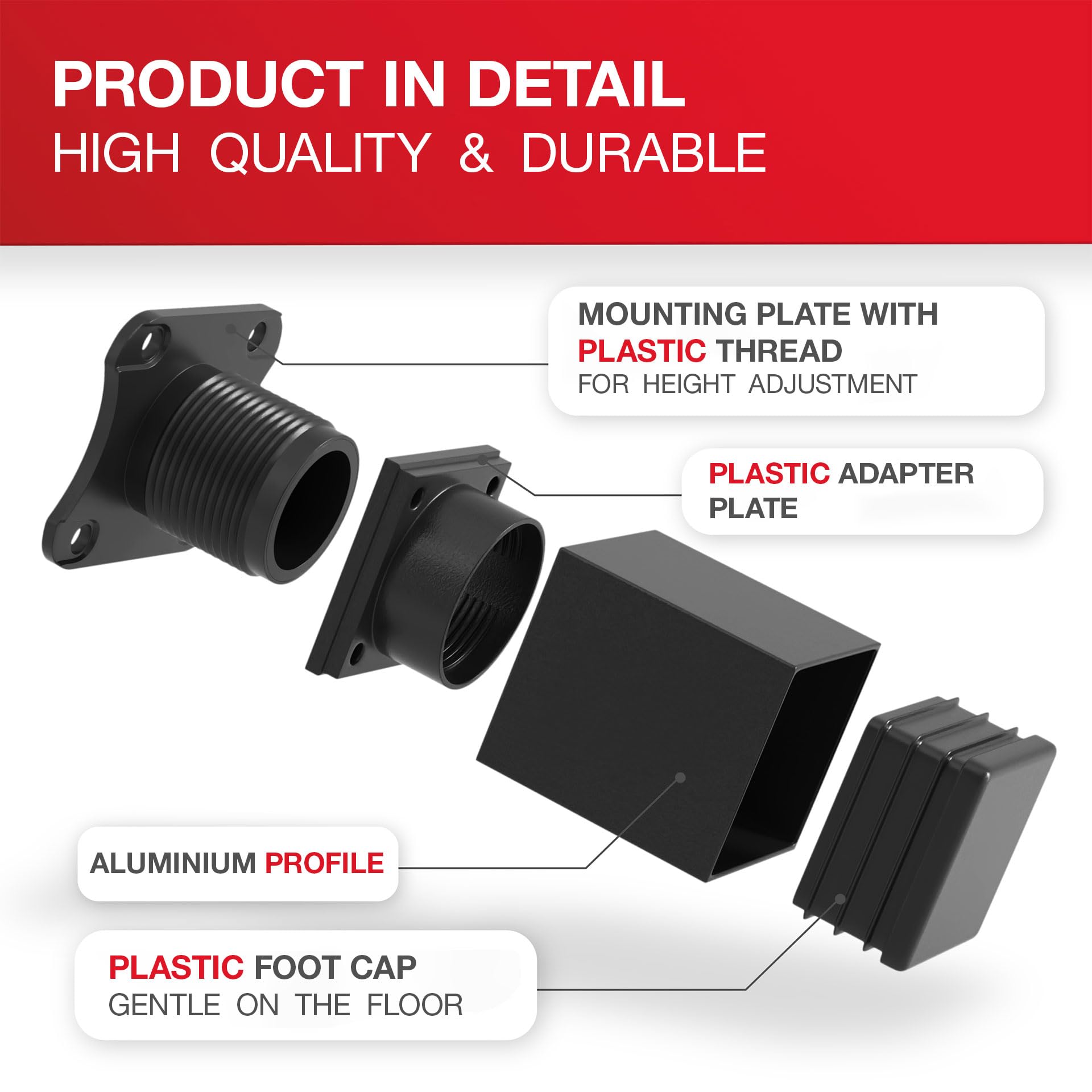 LouMaxx Adjustable Square Furniture Feet, Set of 4-40 x 40 x 60 mm in Black with Mounting Plate, Aluminium Feet - Image 3