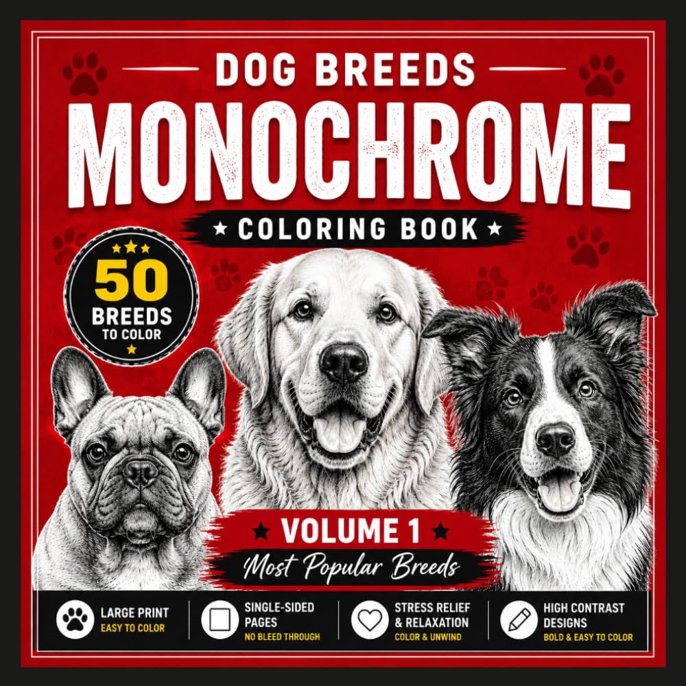 Monochrome Dog Breeds Coloring Book: 50 Dog Portraits with Breed Names | Easy One-Color Designs with Marked Areas for Relaxation and Stress Relief. Volume 1