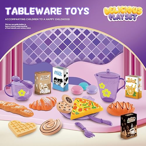 Miniatura 3 de Juego de fiesta de té para niñas pequeñas, juego de comida de postre para niños (morado)