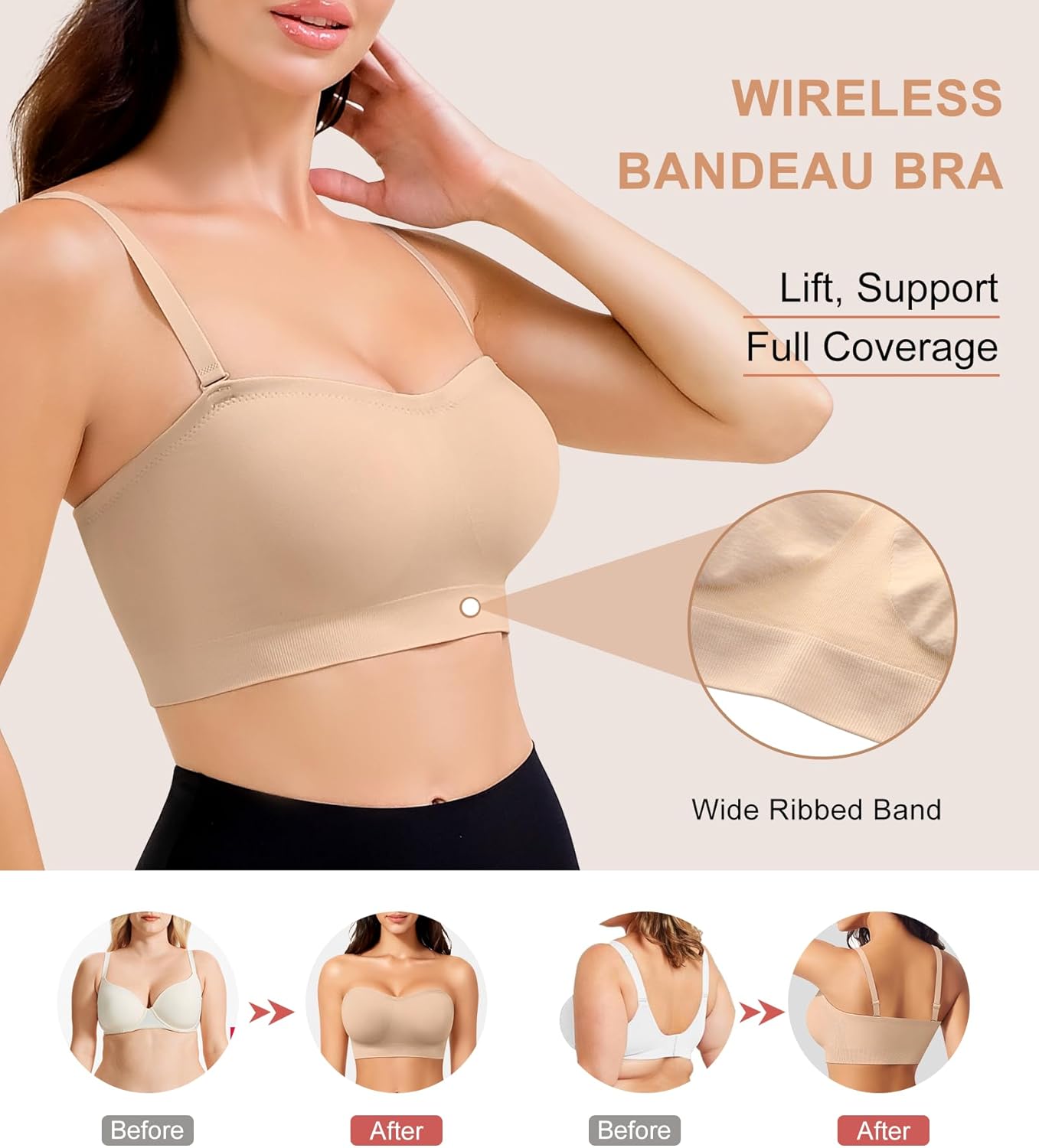 Strapless Bras for Women, Wireless Push Up Bandeau Bralette, Seamless Padded Tube Top Anti-Slip Everyday Bra - Image 3