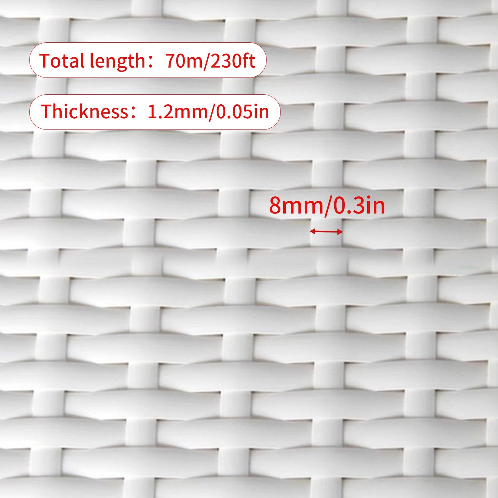 In rattan sintetico, 70 m x 8 mm, strisce leggere per riparare mobili in rattan, intrecciate in plastica per mobili, sedie da giardino, tavoli, cesti di stoccaggio, case e riparazioni (bianco)