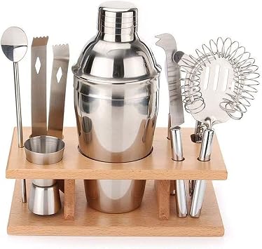 Cocktail Shaker Set Bartender Kit 9Pcs Bartender Shaker Set 304 Stainless Steel Martini Shaker and Strainer 550ml /19OZ Bar Tool Set with Bamboo Stand Recipe Book for Home and Ba