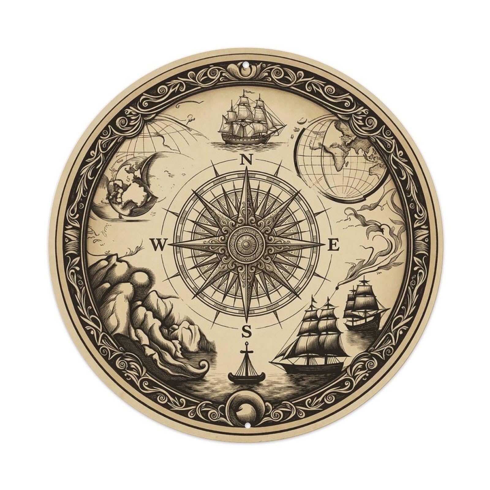 Vintage Nautical Compass World Map Mariner Chronicle Metal Tin Sign
