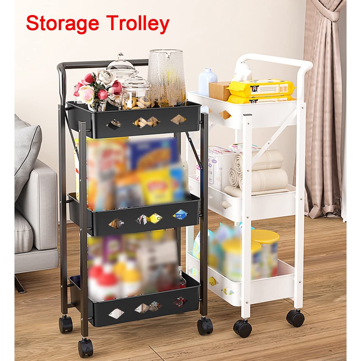Genérico Carrito de Almacenamiento Plegable de 3 Niveles: Carrito rodante para Espacios reducidos, estantería móvil para Cocina, solución versátil de Almacenamiento en Blanco.
