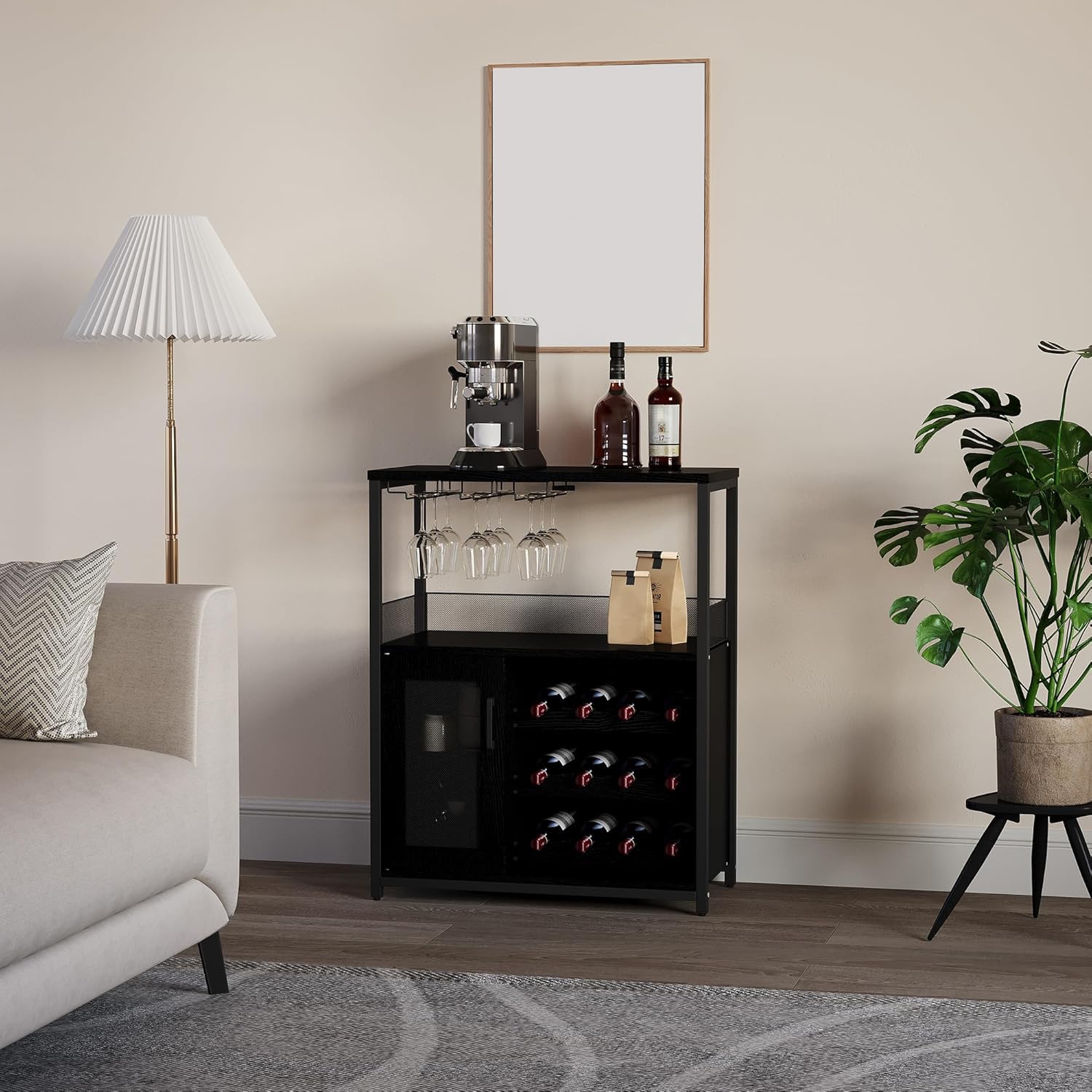Garvee Botellero Industrial con Estante Ajustable para Vino y Soporte para Copas, Armario para Bebidas para Cocina, Comedor, Salón, 70x35x92 cm, Negro