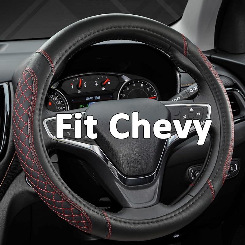 Capa para Volante West Llama em Couro Sintético com Costura Diamantada Preta e Vermelha para Chevy Silverado, Tahoe, Equinox, Traverse, Trailblazer e Colorado – 36,8–38,1 cm