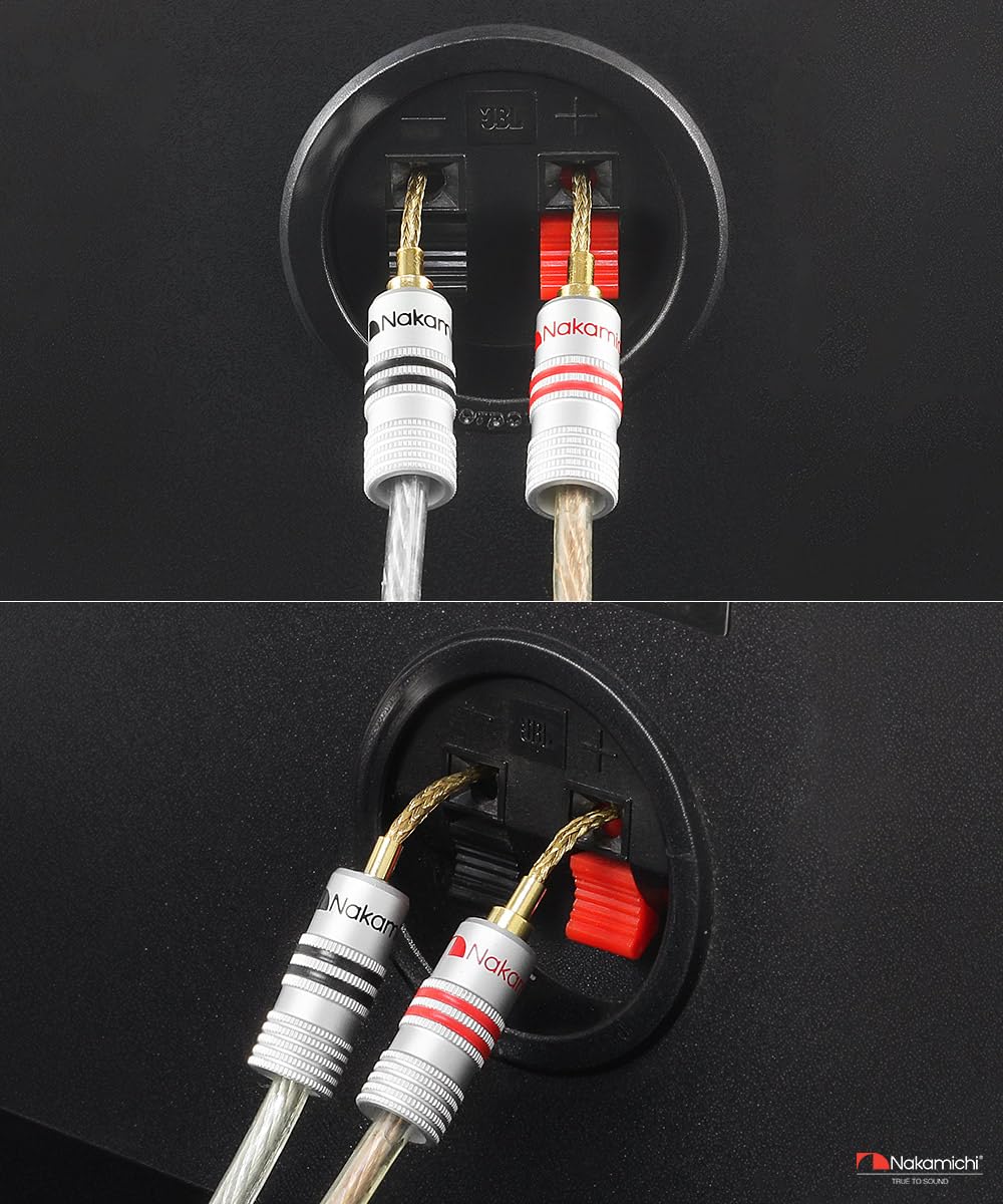 Nakamichi GrubLock Excel Series 24k pozłacane elastyczne wtyki pinowe 2 mm do przewodów 10 AWG - 18 AWG, do zacisków sprężynowych, głośników i wzmacniaczy Hi-Fi, złącze śrubowe, 16 szt. (8 par)