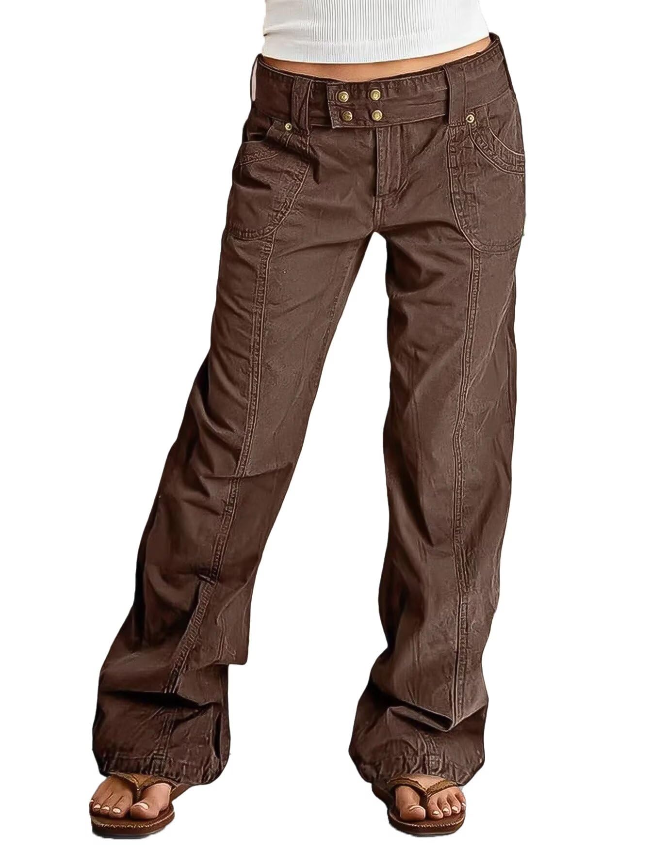 Flamingals Womens Wide Straight Leg Cargo Pants Mid Waist Y2K Vintage Washed Seam Front Belted Streetwear Trousers Pants
