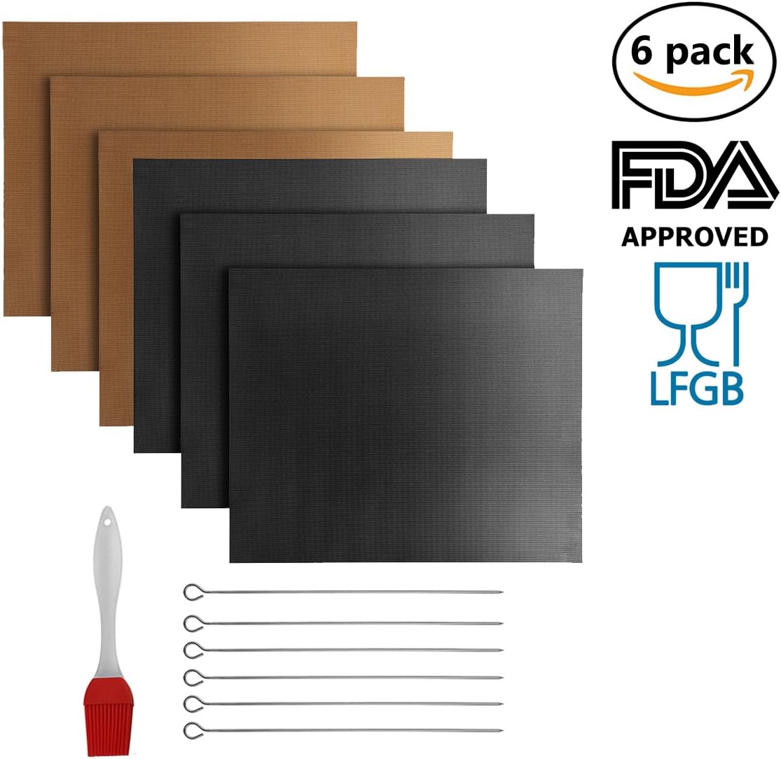 Homyhoo Non-stick Grill Mats for BBQ, Cooking, Baking, Easy to Clean with Steel Sticks and Rubber Brush (3*Black+3*Copper)