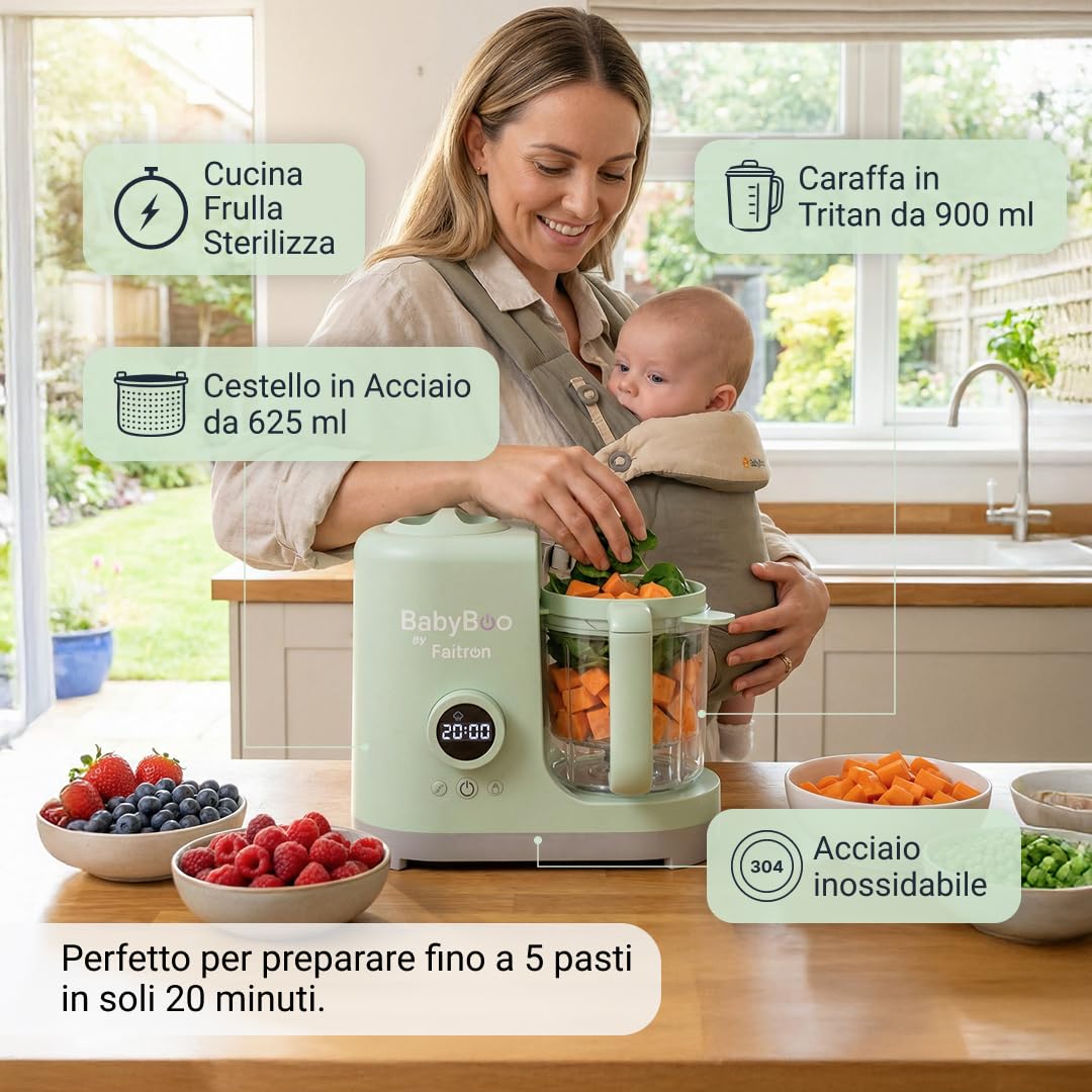 BABYBOO Robot Pappa 7-in-1 Cuoci a Vapore e Frulla 20 Minuti 300W Scaldabiberon Sterilizzatore Tritan Acciaio Inox Display Digitale
