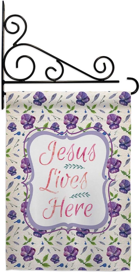 Jesus Lives Here Garden Flag Set Wall Holder Religious Bible Verses Bless Faith Thank Hope Pray Christian Religion Small Decorative Gift Yard House Banner Double-Sided Made In USA 13 X 18.5